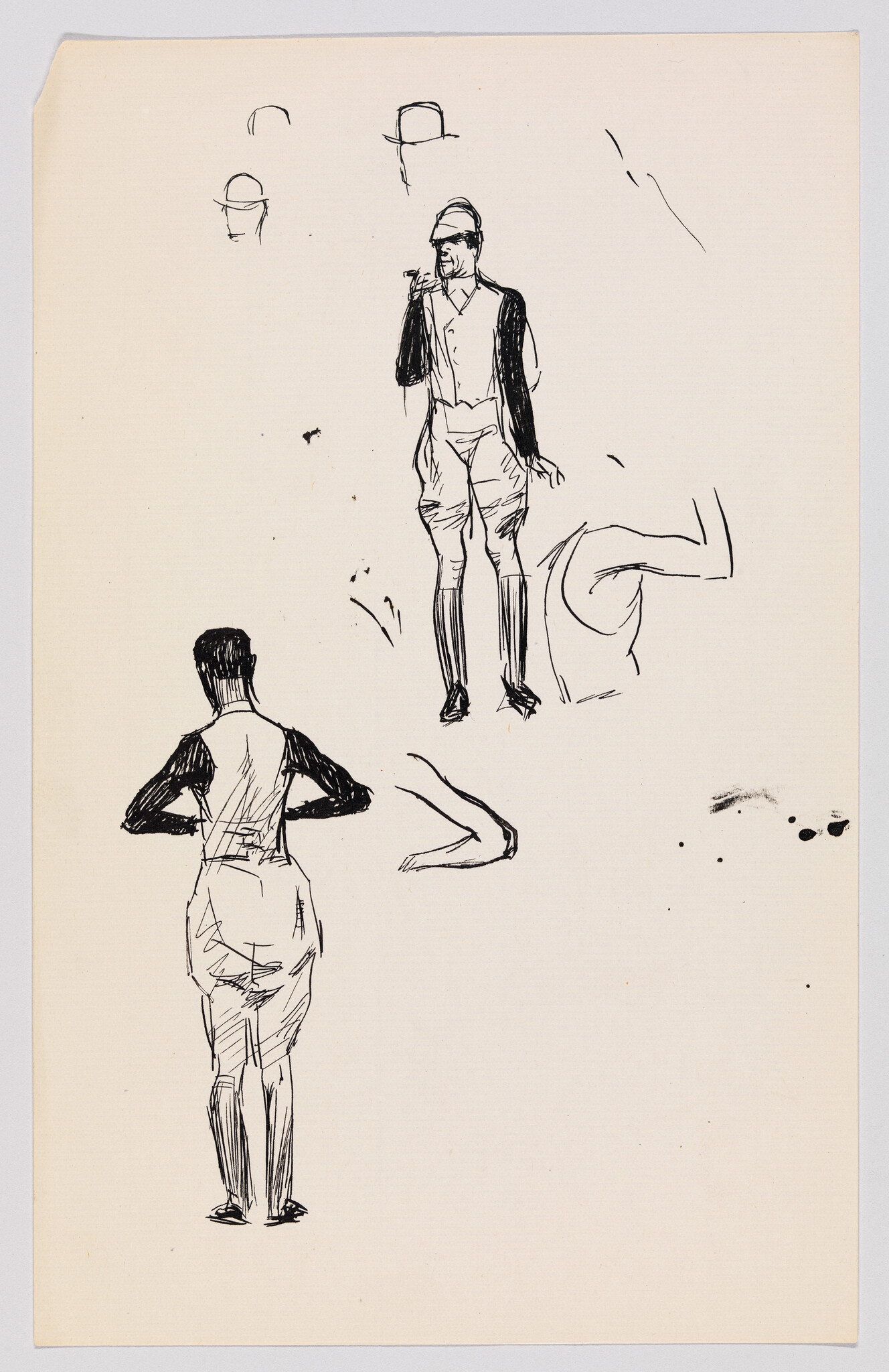 Two quick ink sketches of a man standing front and back, one with hands on hips.