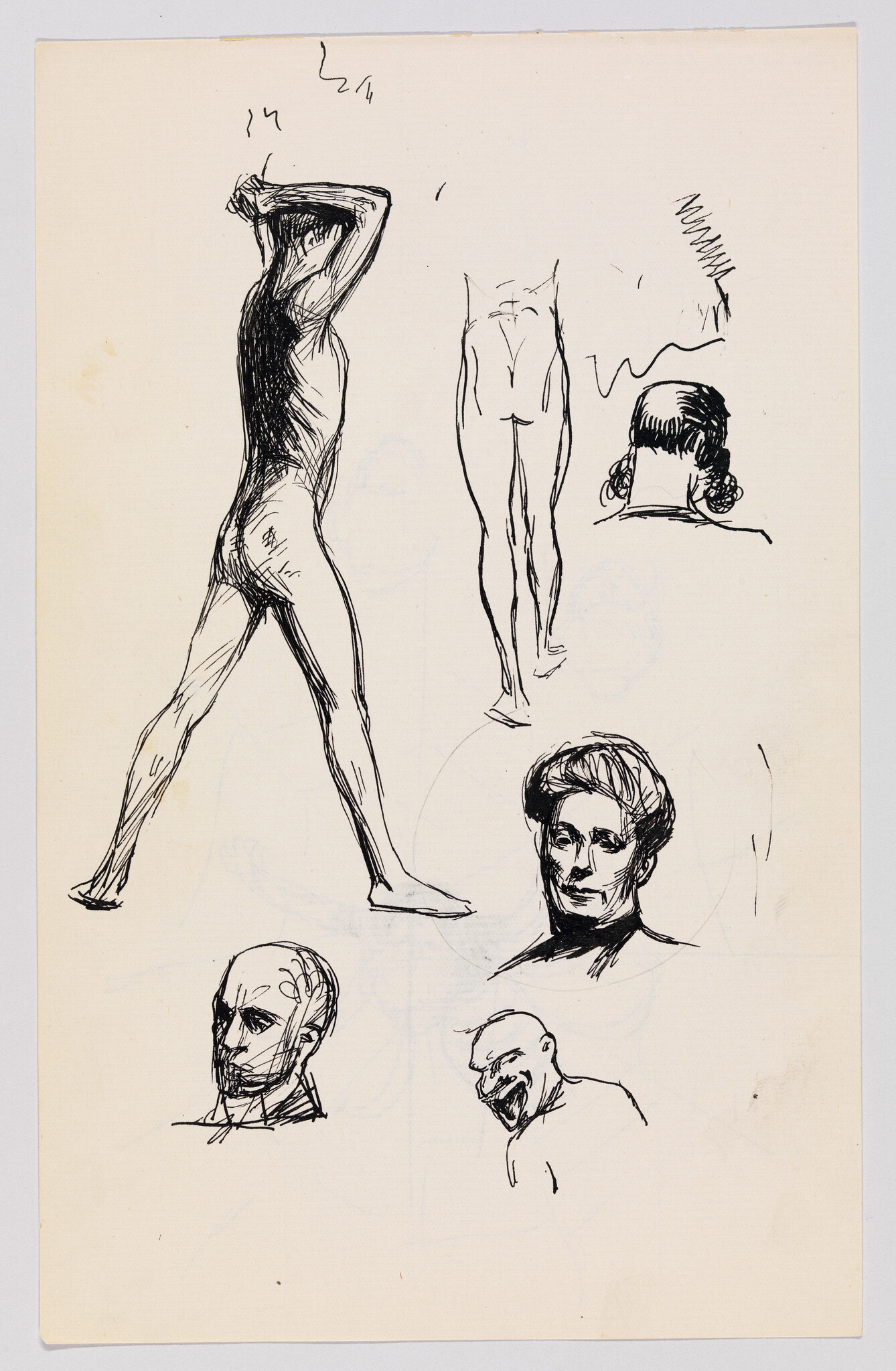 Multiple ink sketches showing a standing nude figure stretching arms and several head study sketches.