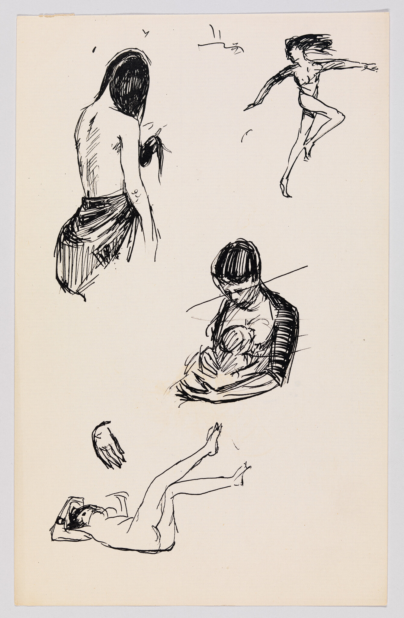 Loose ink sketches of several women in various poses, including breastfeeding and reclining.