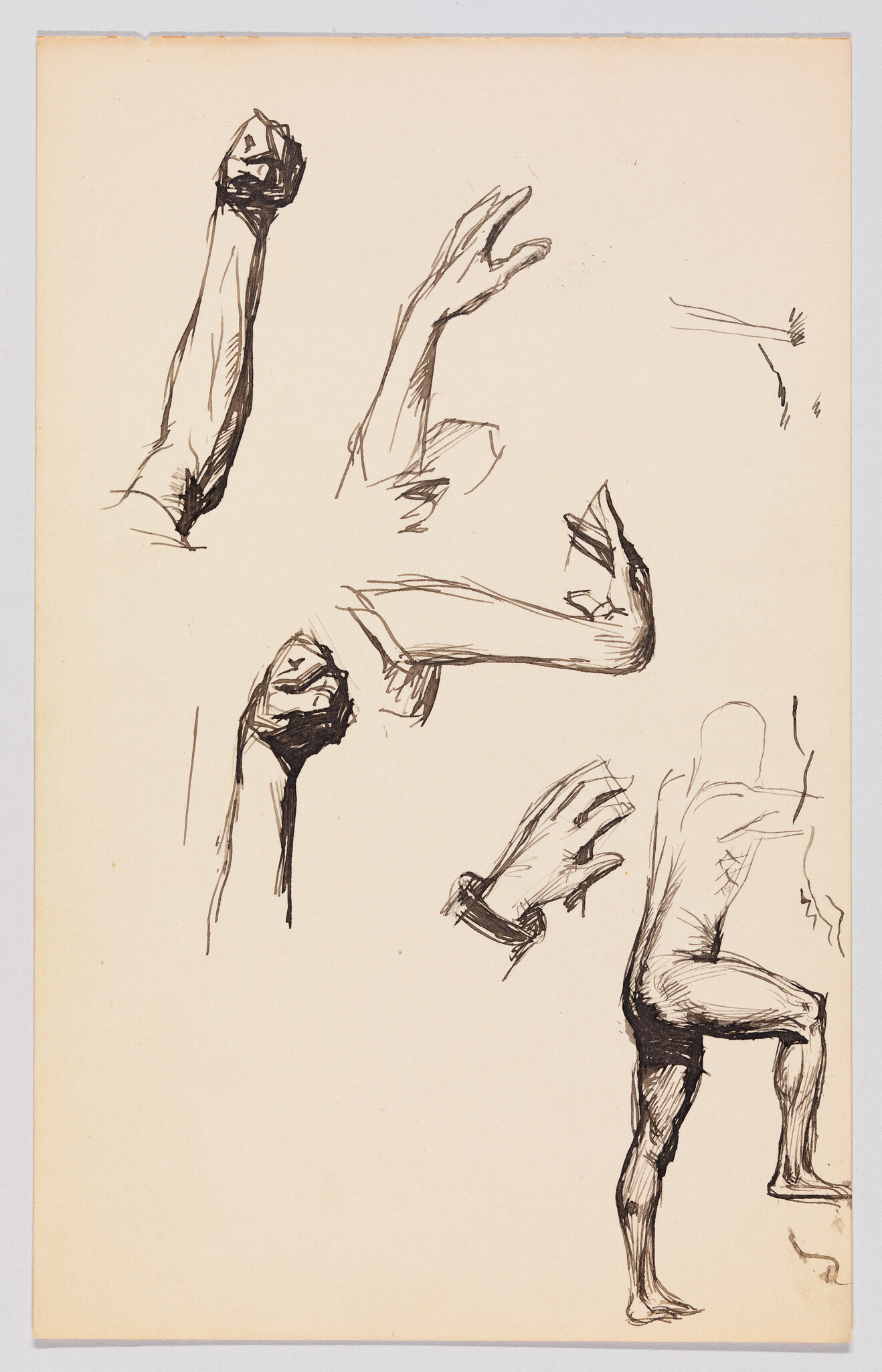 Multiple ink sketches of arms, hands, and a standing male figure practicing different poses.
