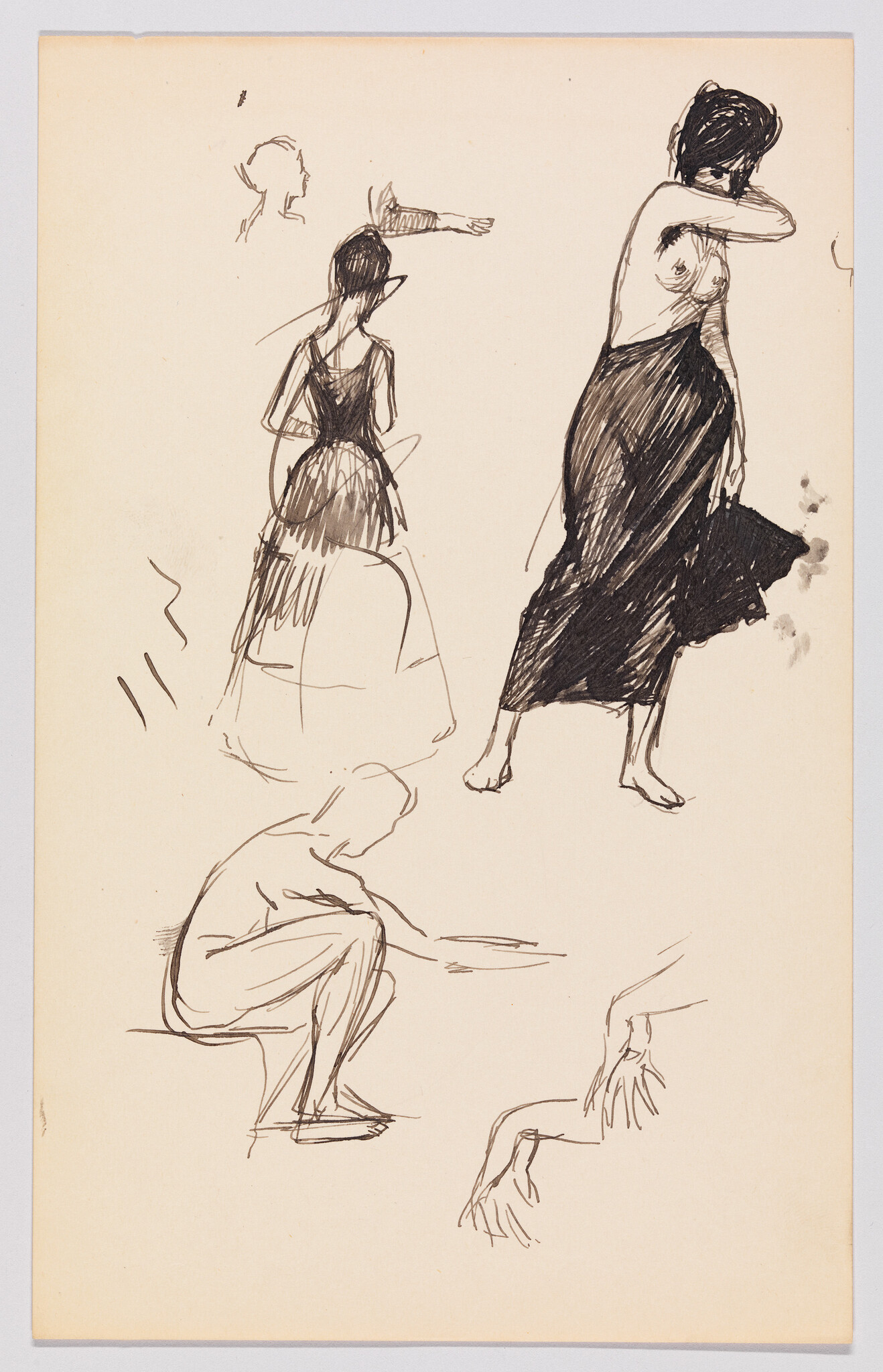 Multiple quick ink sketches showing women in different poses, including standing, crouching, and hand studies.
