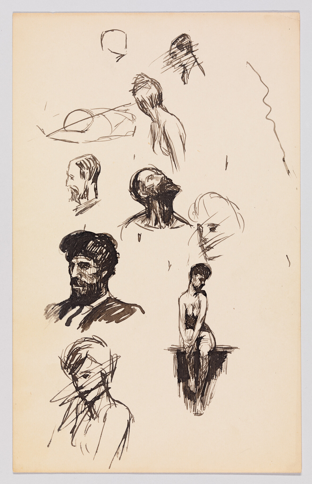 Multiple quick ink sketches showing several head studies and a seated nude figure on a ledge.