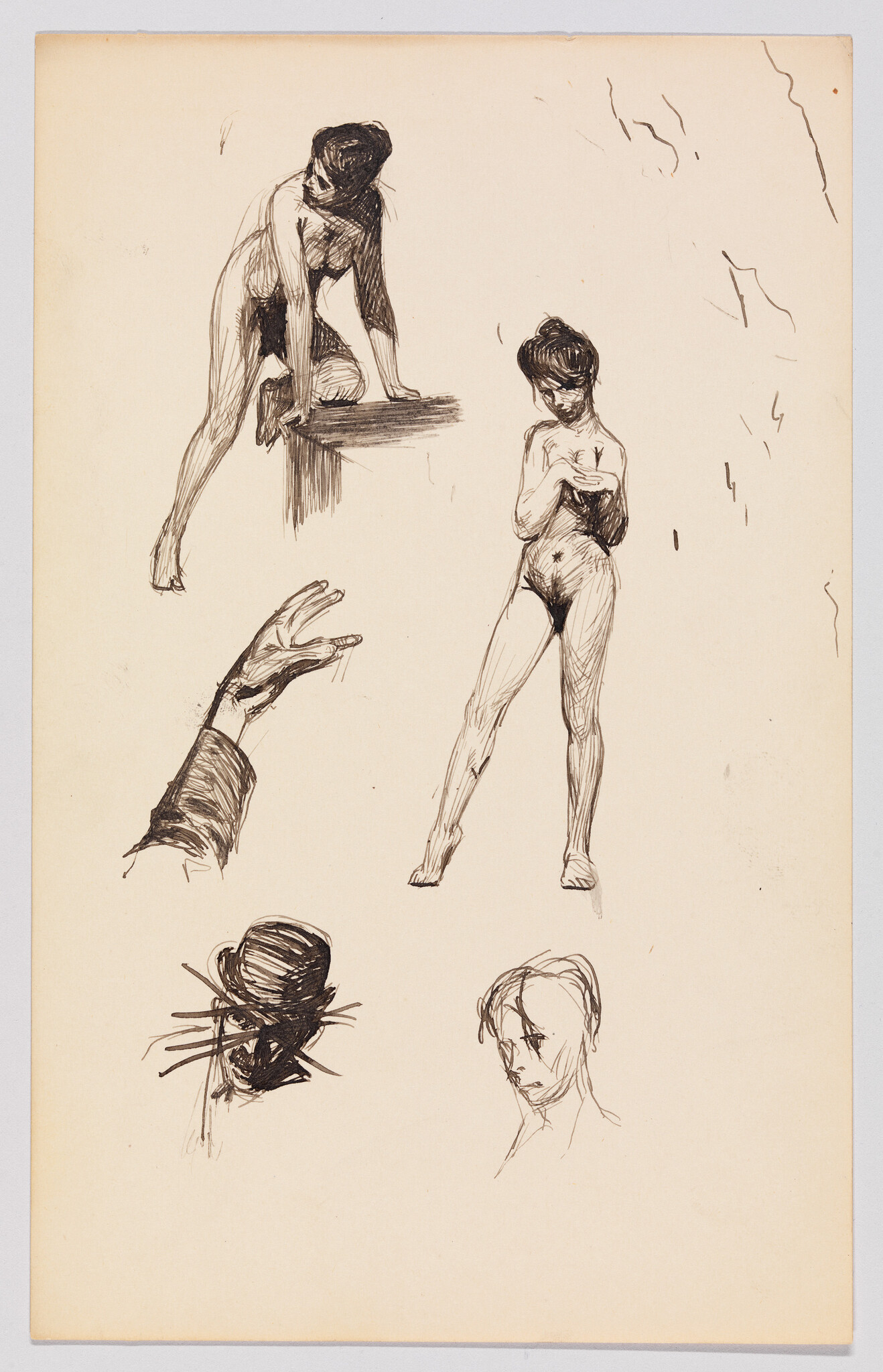 Several ink figure sketches showing two standing and one crouching nude woman, plus hands and heads.