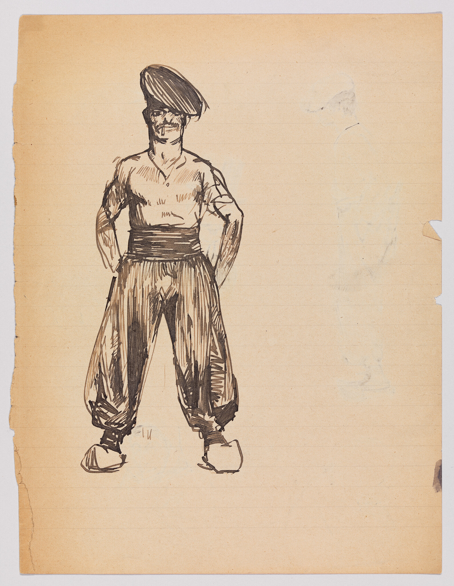 A standing man sketch wearing a beret, loose trousers, and hands on his hips.