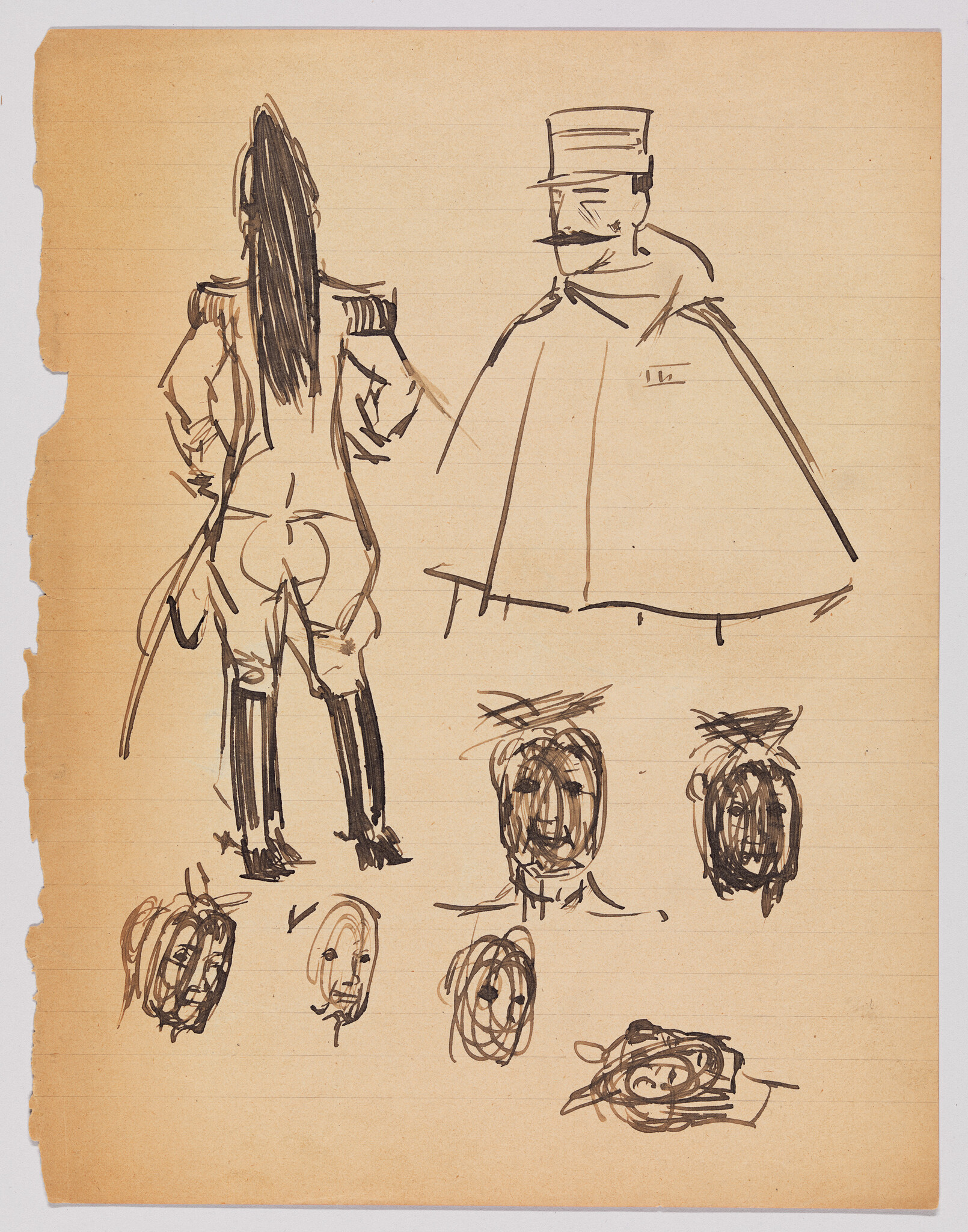 Rear-view sketch of a uniformed figure with boots and long hair alongside a mustached man in a cape.