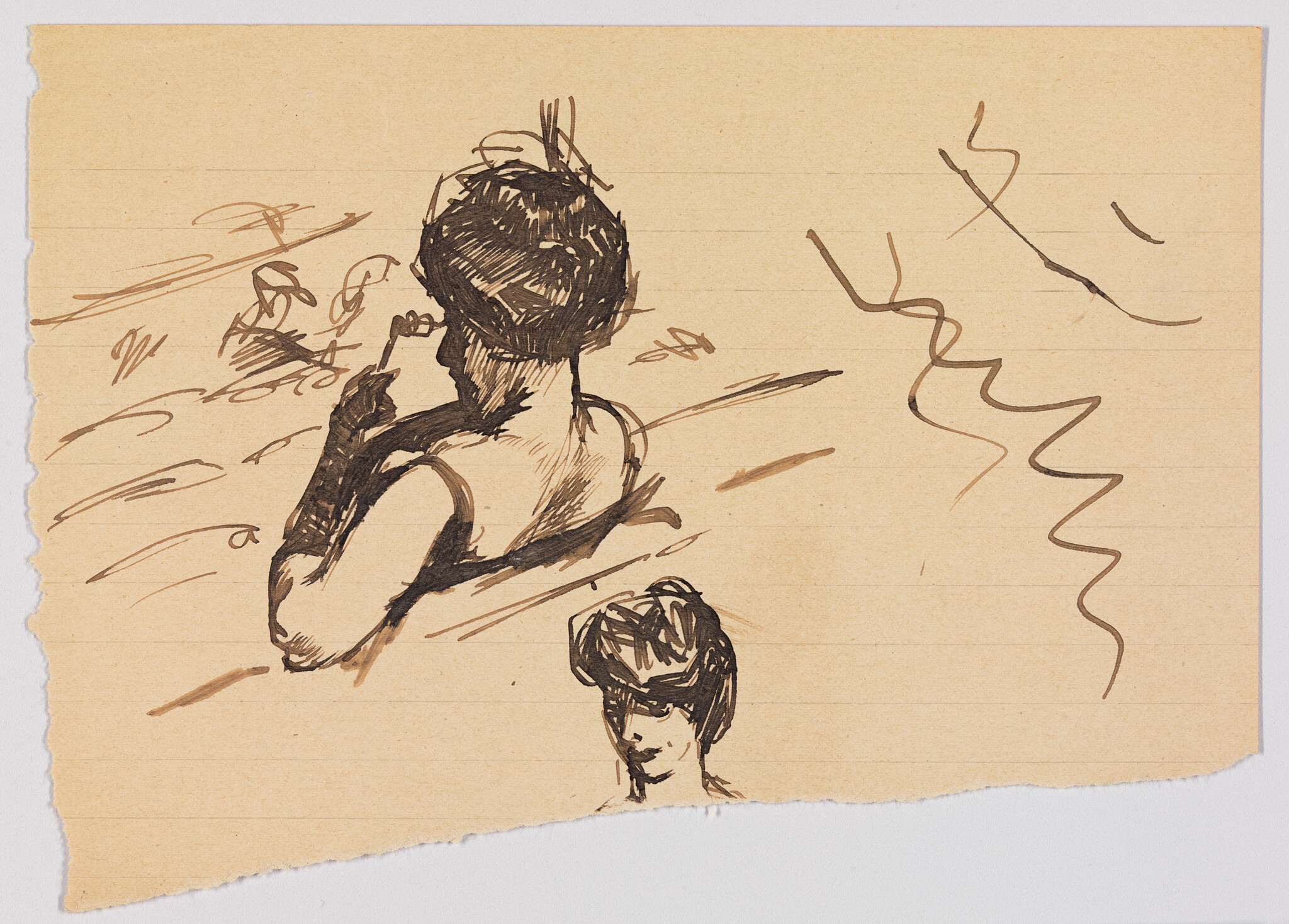 Woman seen from behind holding a hand to her face in a quick brown ink sketch.