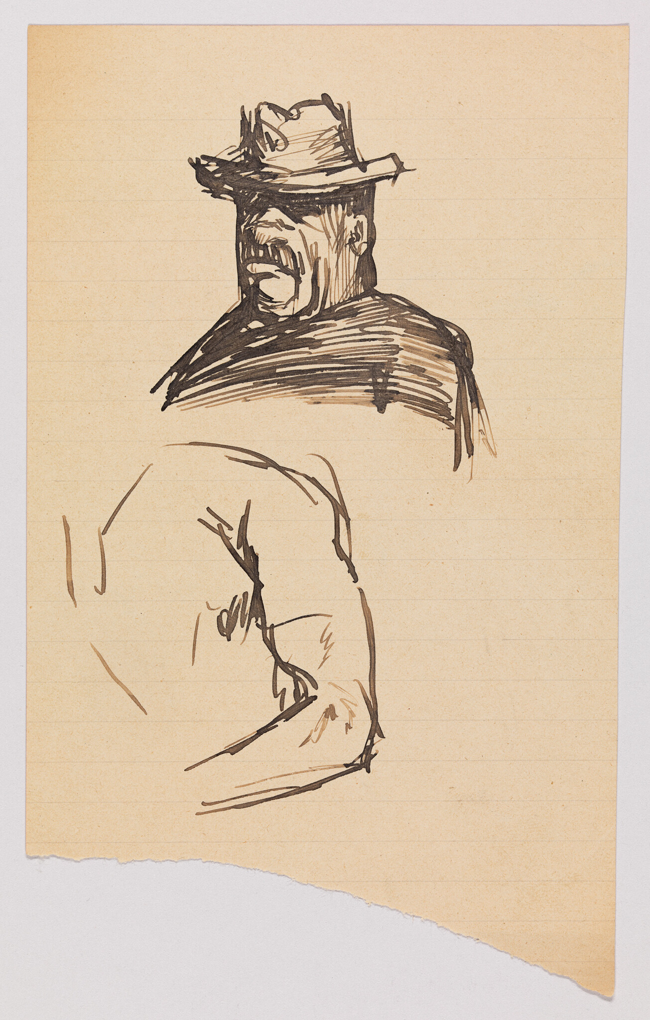 A pen sketch shows a man with a hat and mustache and a separate sketch of a bent arm.
