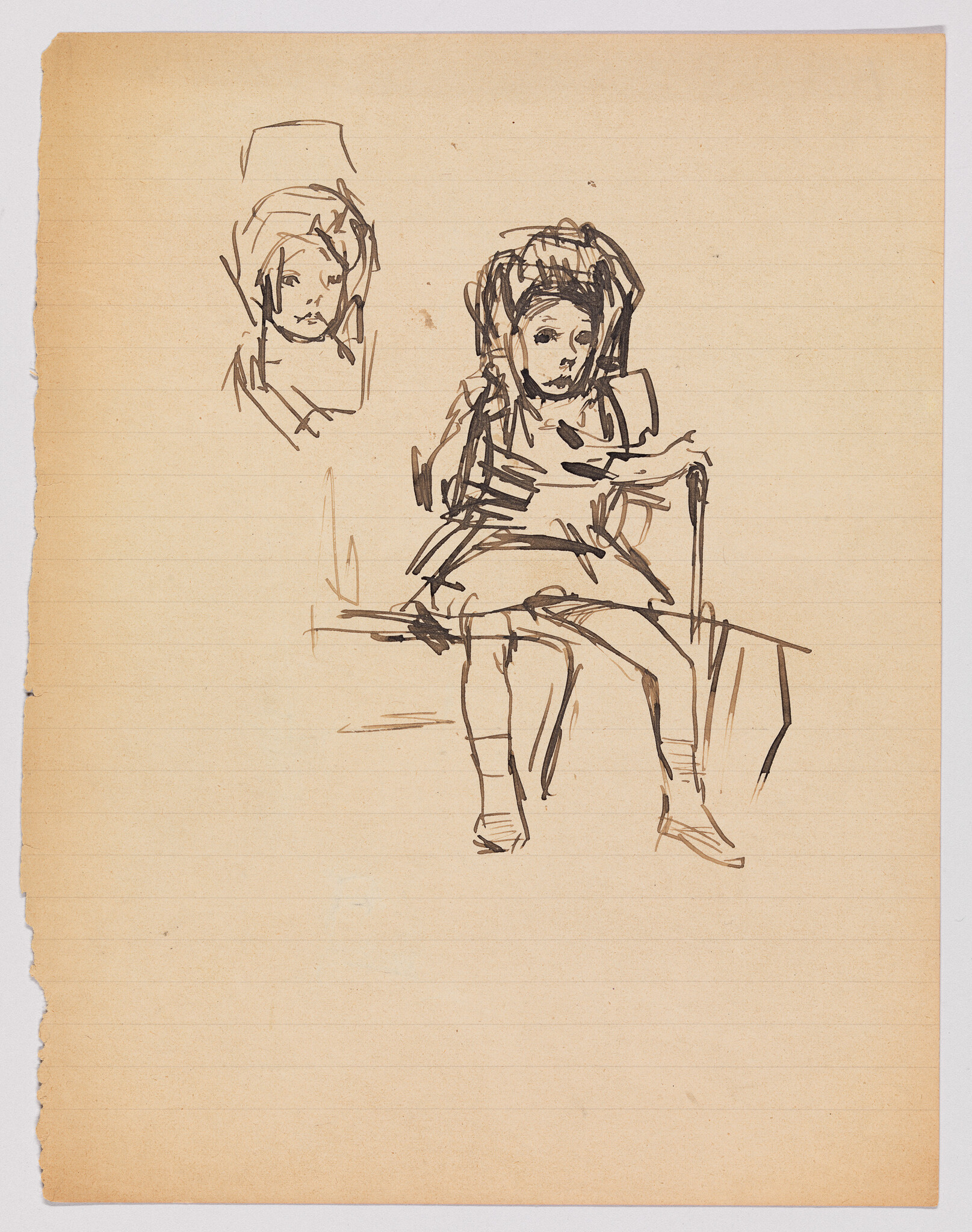 A quick ink sketch shows a young girl sitting on a bench with a second head study.