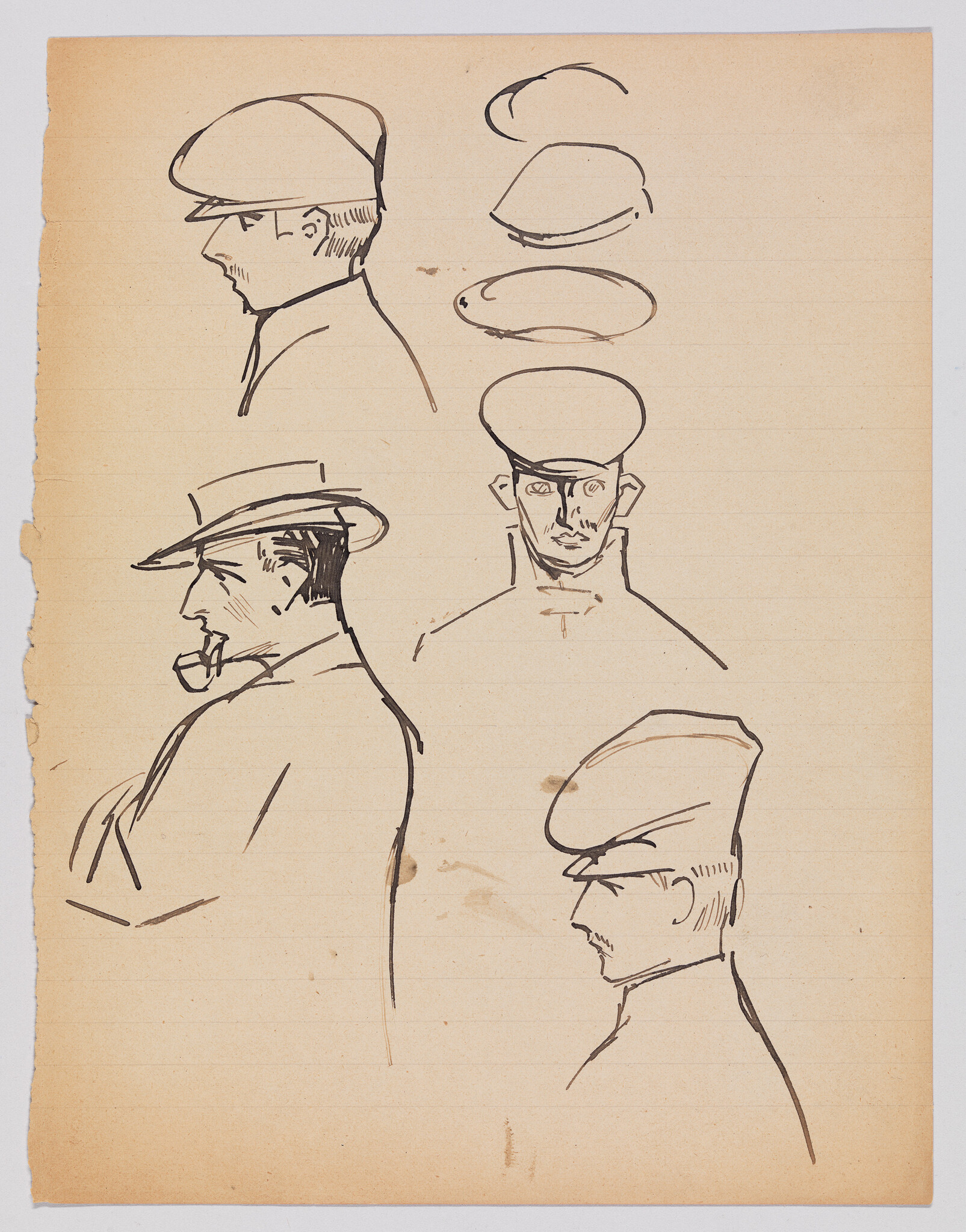 A vintage-looking sketch on aged paper featuring a series of male head profiles and hats. The drawings are done in a loose, expressive line style, with four separate head studies showing different angles and facial features, and three hat sketches varying in shape and style. The paper has rough edges and creases, adding to the antique feel of the artwork.