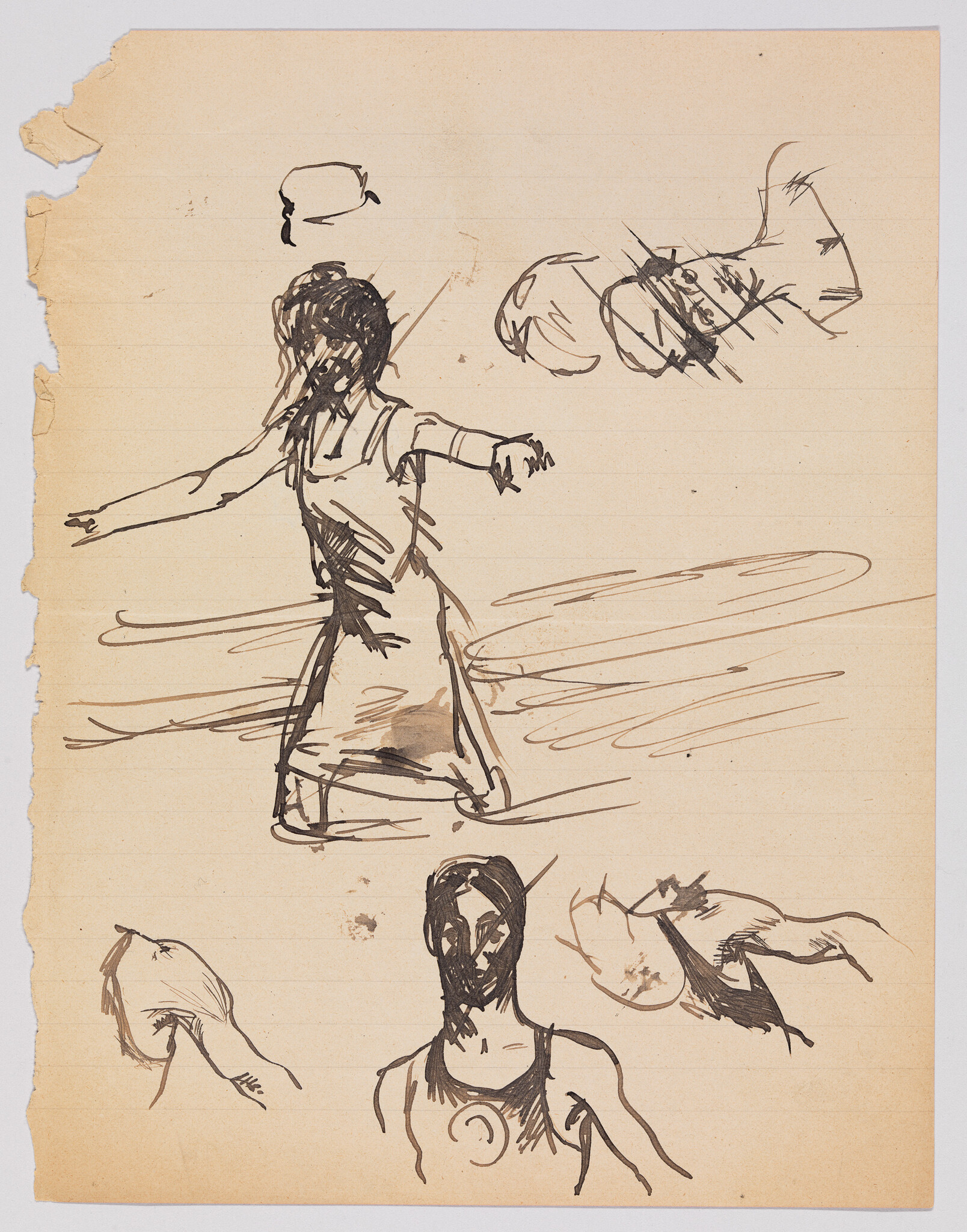 A torn notebook page with ink sketches of a woman walking with outstretched arms and portrait studies.