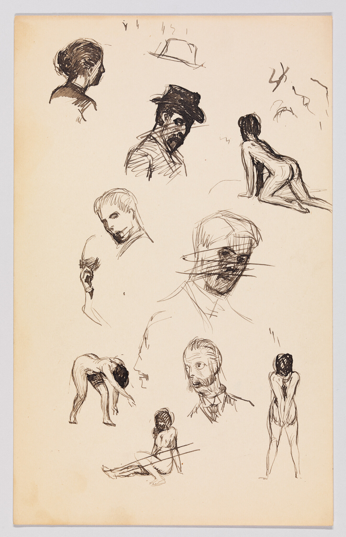 Multiple ink sketches of heads and nude figures in various poses on cream paper.