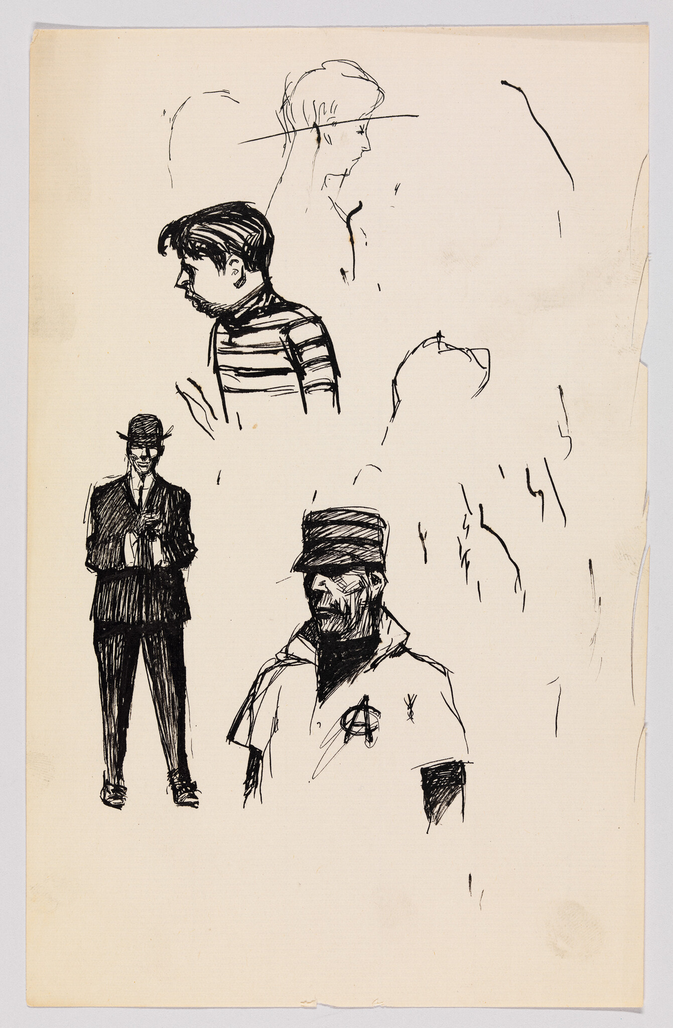 Several ink sketches of men and boys, including a striped-shirt boy and a bearded man wearing a cap.