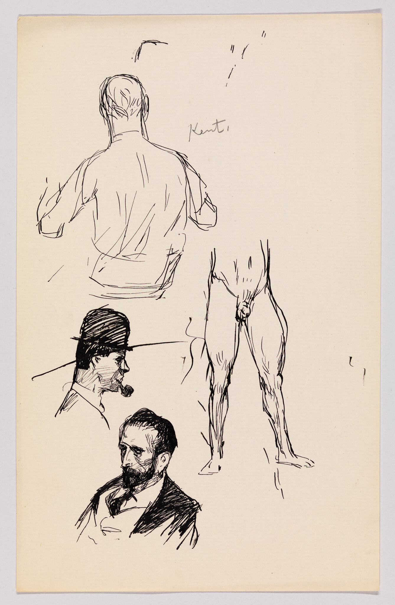 Four quick ink sketches showing a back view, a nude lower body, and two male head studies.