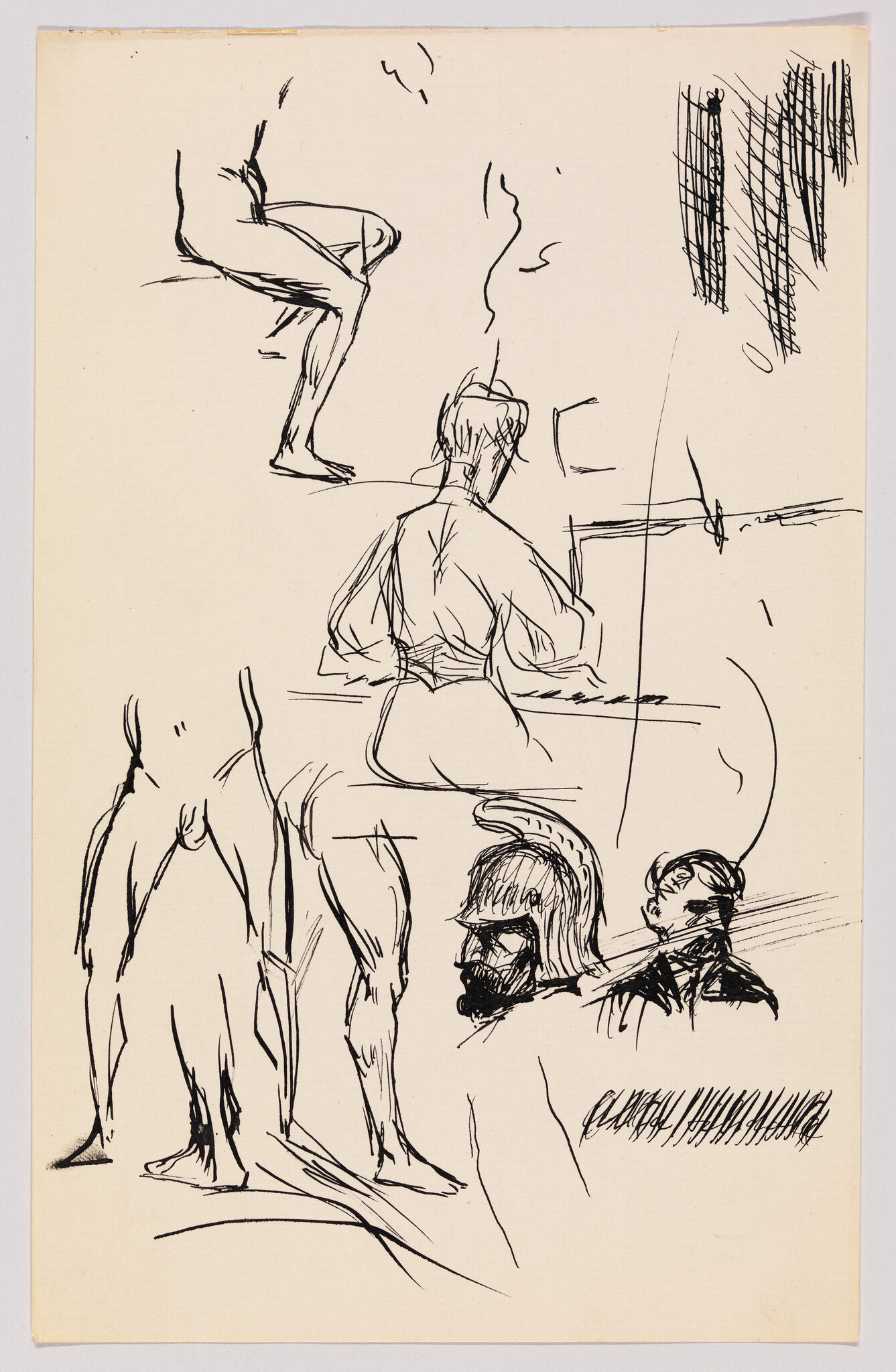 Loose black ink sketches of several human figures, legs, a seated back view, and two heads.
