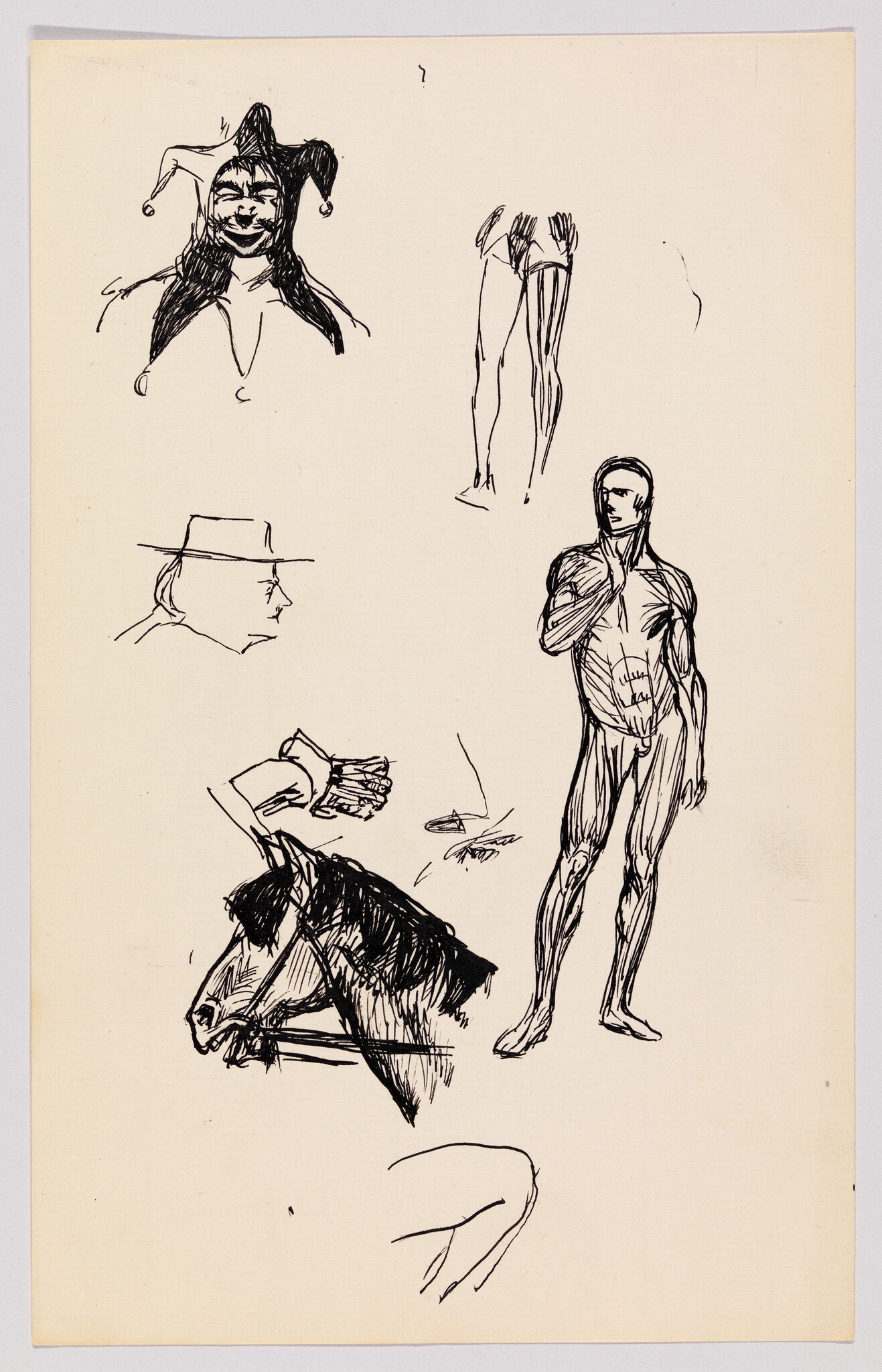 Several black ink figure and animal sketches on cream paper including a standing muscular male and horse head.