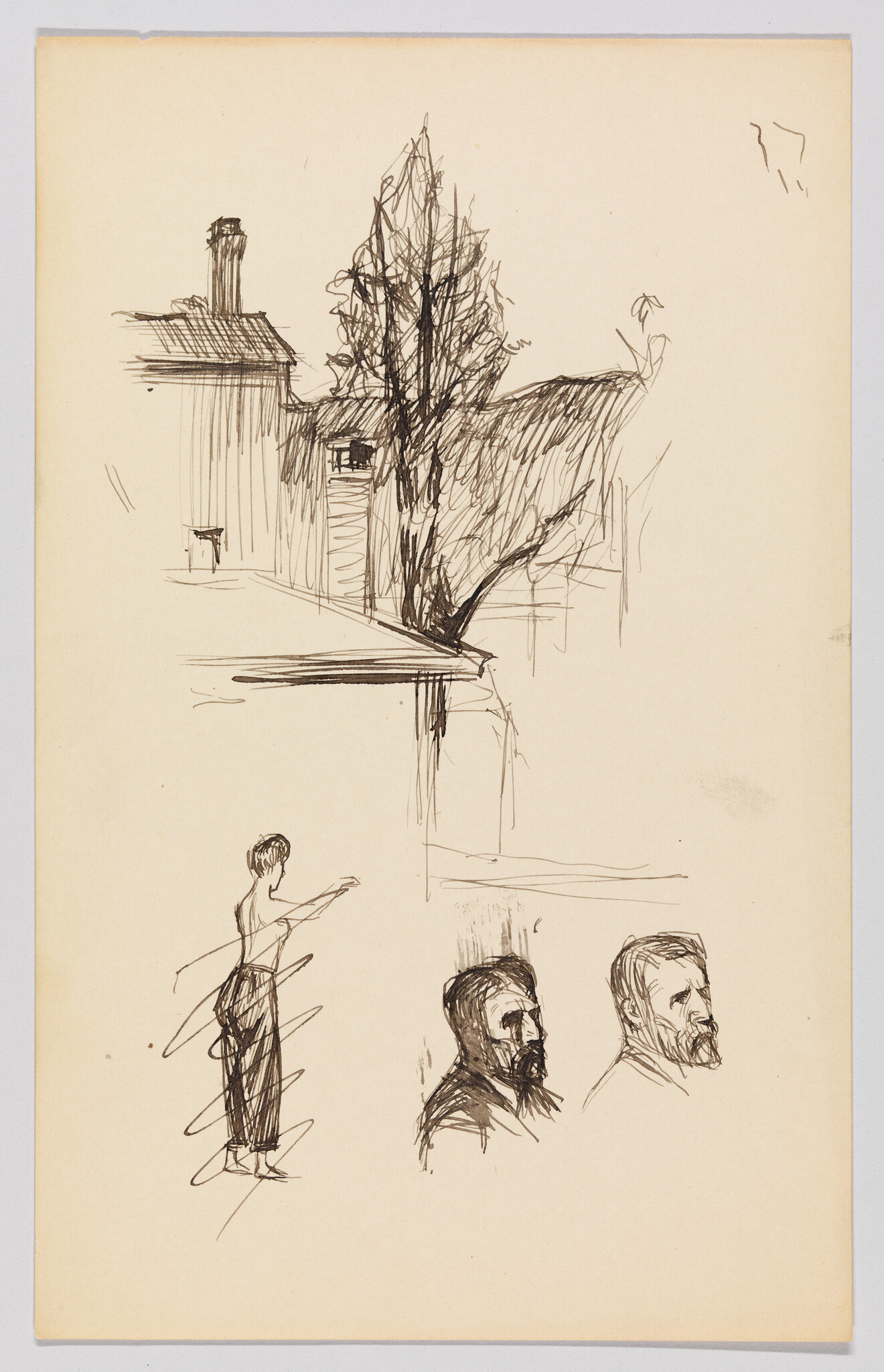 Loose pen sketches of a rooftop tree, a standing figure pointing, and two bearded male head studies.