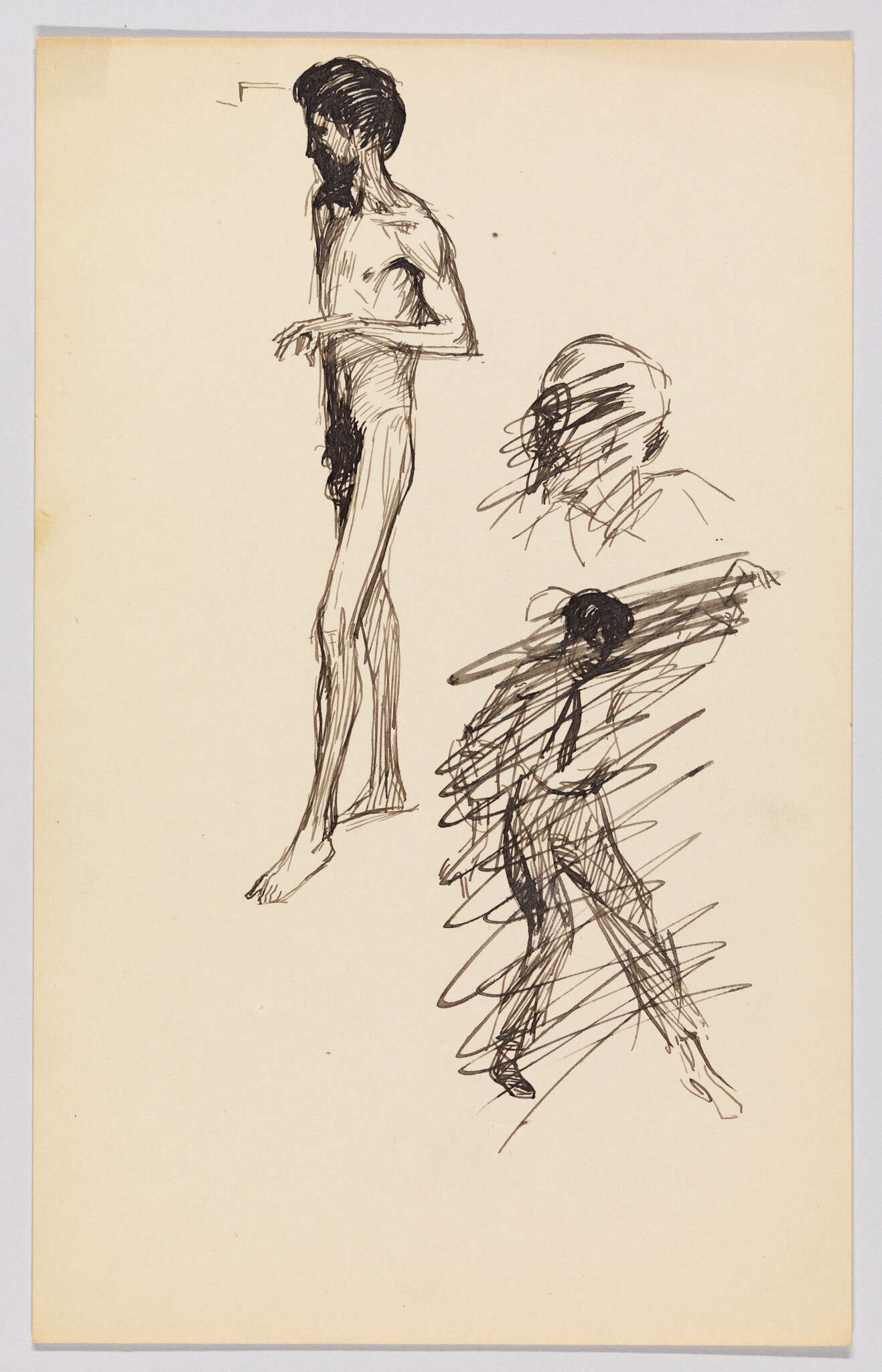 A sketch on tan paper featuring a detailed drawing of a standing male figure in profile view on the left, and two more abstract, rapidly executed sketches of figures on the right. The detailed sketch shows the figure's musculature and facial features, while the abstract sketches capture movement with dynamic, scribbled lines.