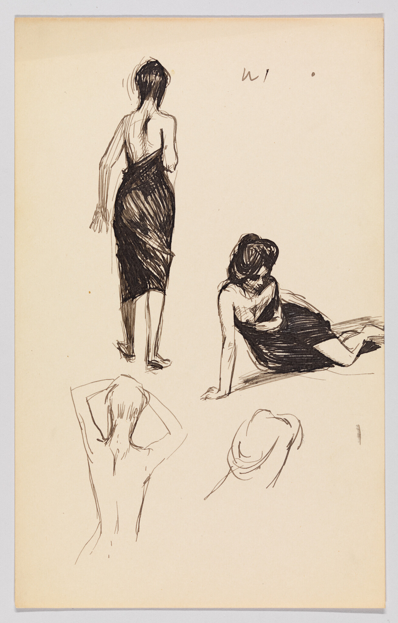 Four black ink figure sketches show women standing, reclining, and simple back and head studies.