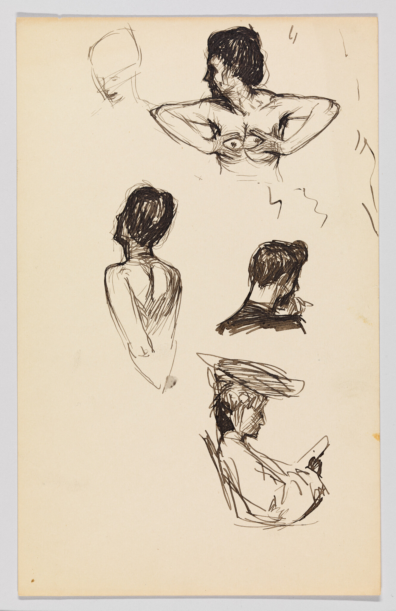 Several loose ink sketches of people showing heads, a back, and a seated figure reading.