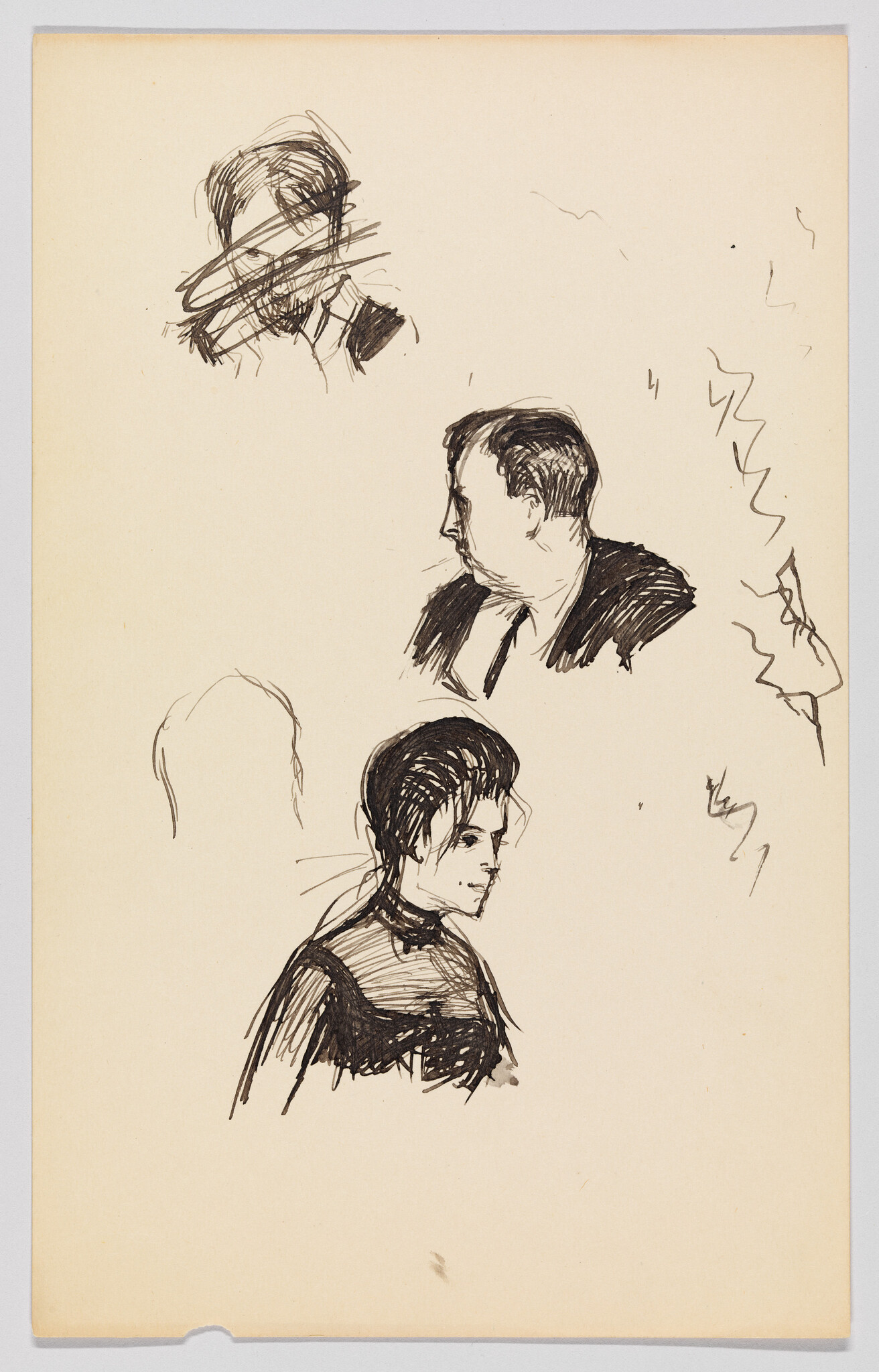Three quick ink sketches show different head-and-shoulder studies of men and women in profile.