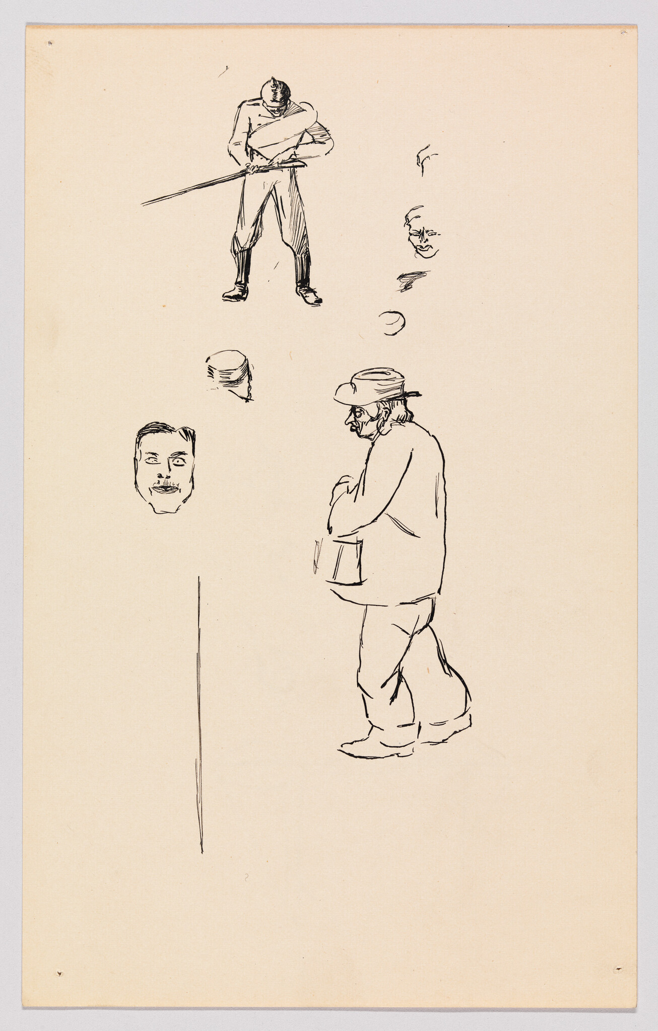 An ink sketch of a hat-wearing man walking right while other small figure and head studies surround him.