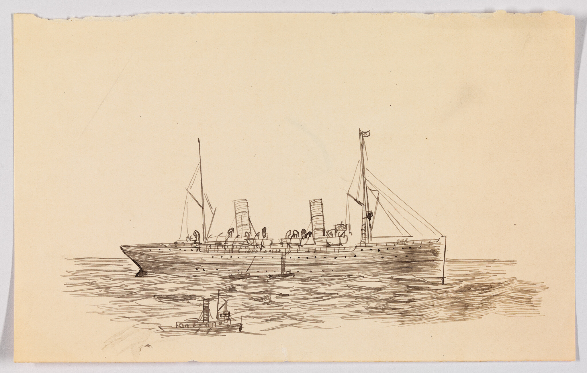 A sketch of a large steamship with two funnels and a small tugboat nearby.