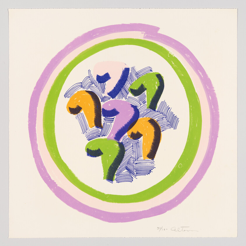 Six colorful question-mark shapes clustered inside green and purple concentric rings on a cream background.
