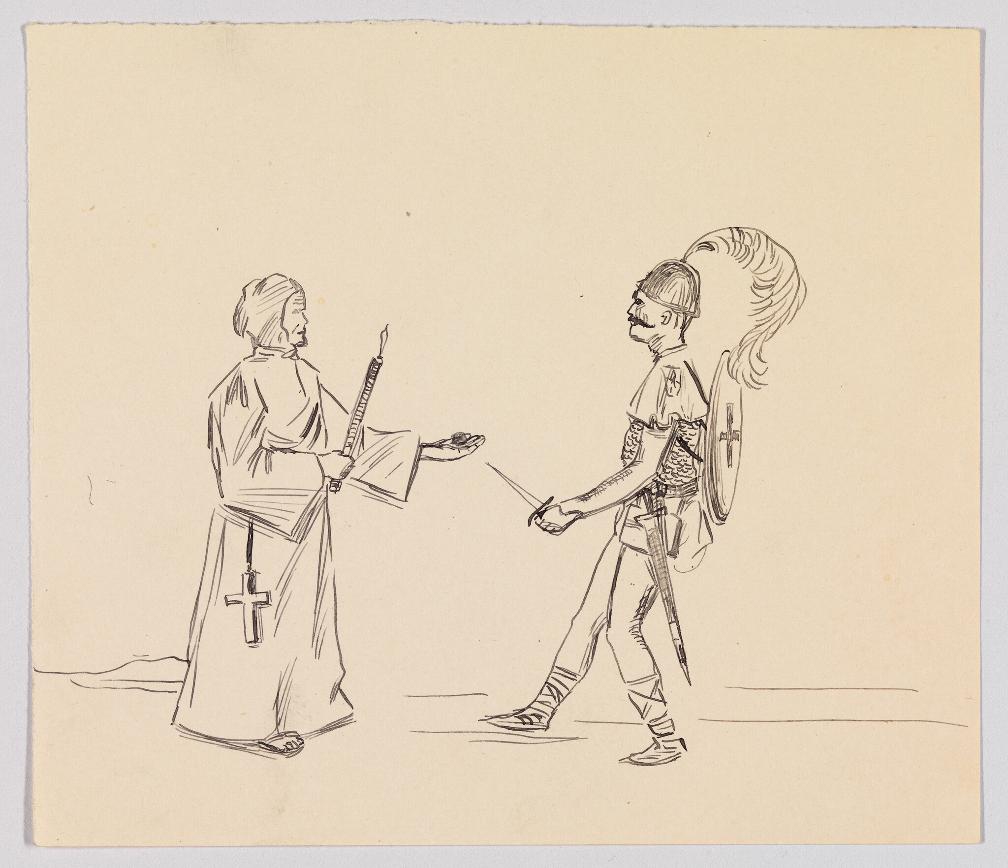 A robed priest offers a small object while a helmeted soldier steps forward holding a dagger.