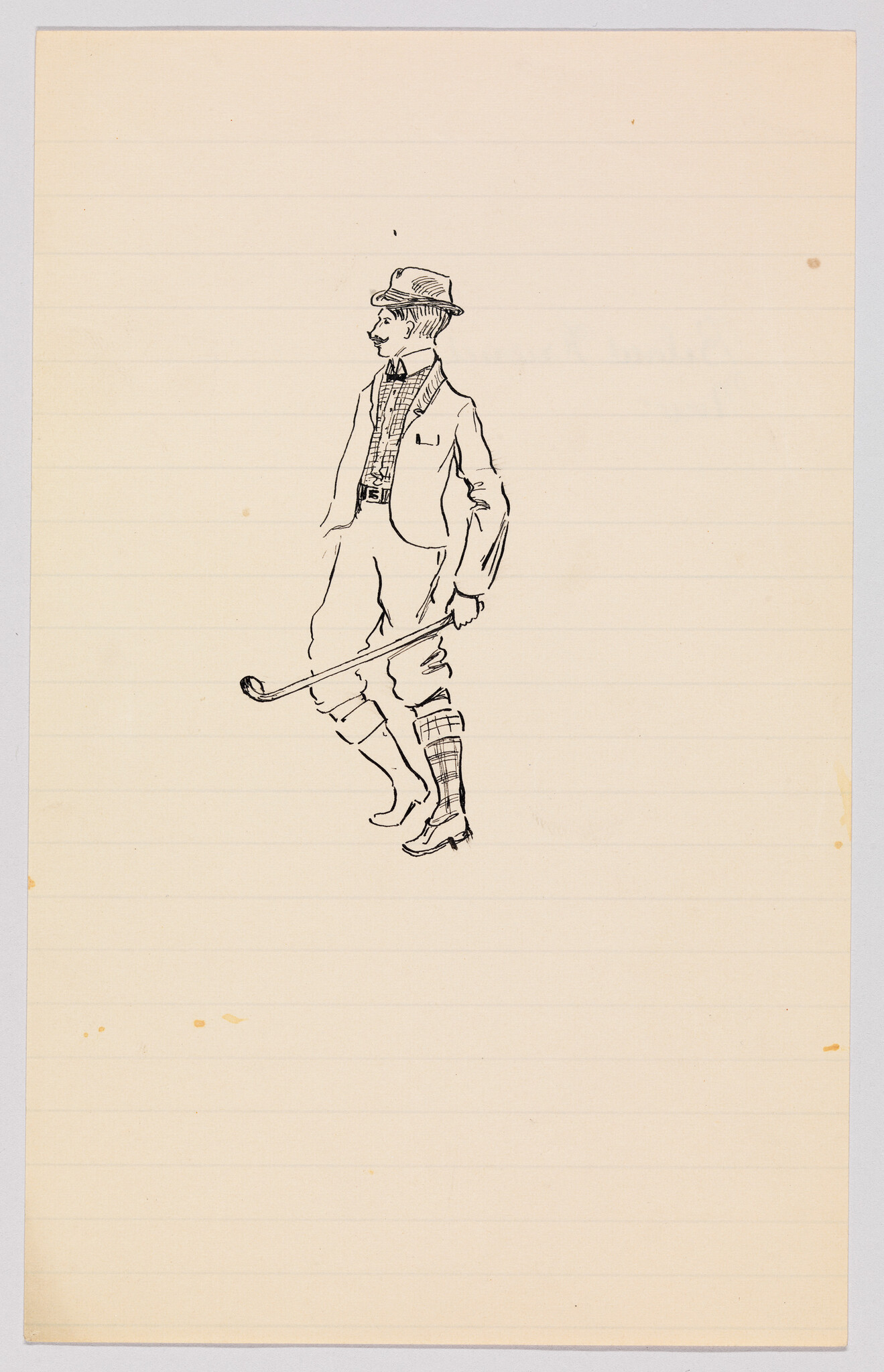 A man in vintage golfing clothes holds a club and walks with one leg raised.