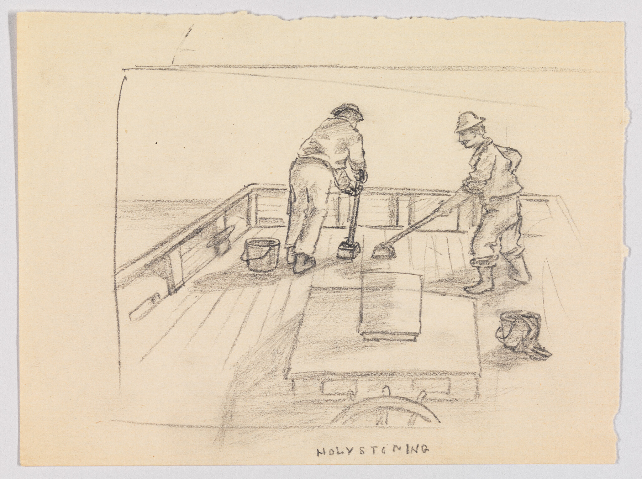 Two sailors scrubbing and holystoning a wooden deck with brushes and a bucket.