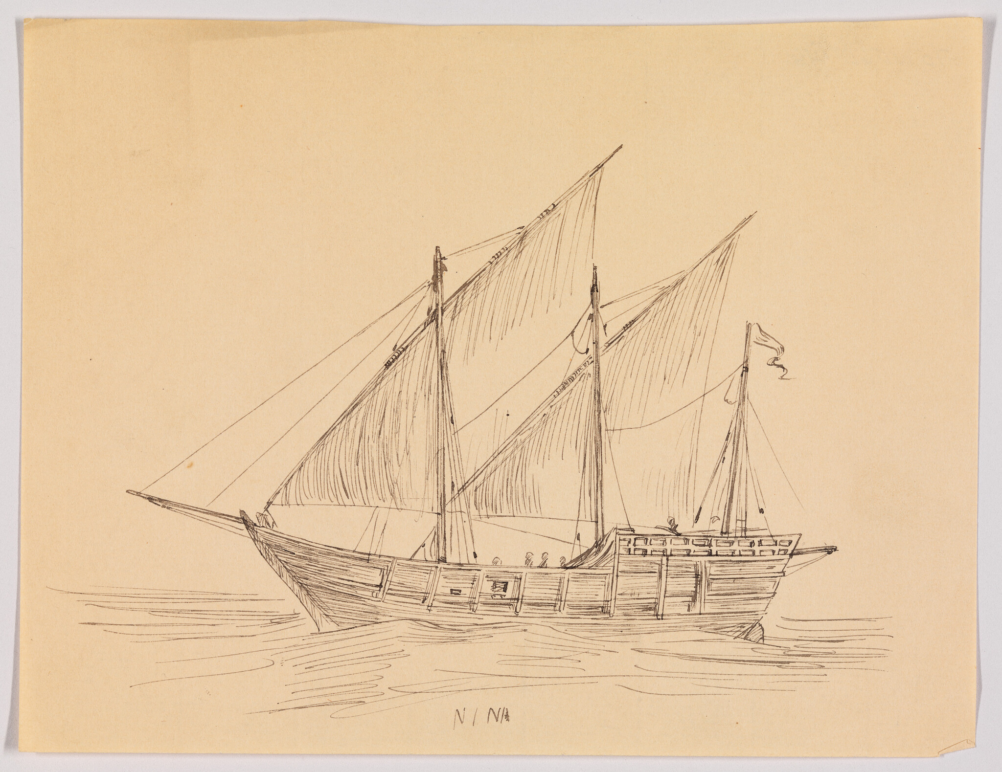 Three-masted sailing ship labeled "NINA" sketched with raised sails on calm water.