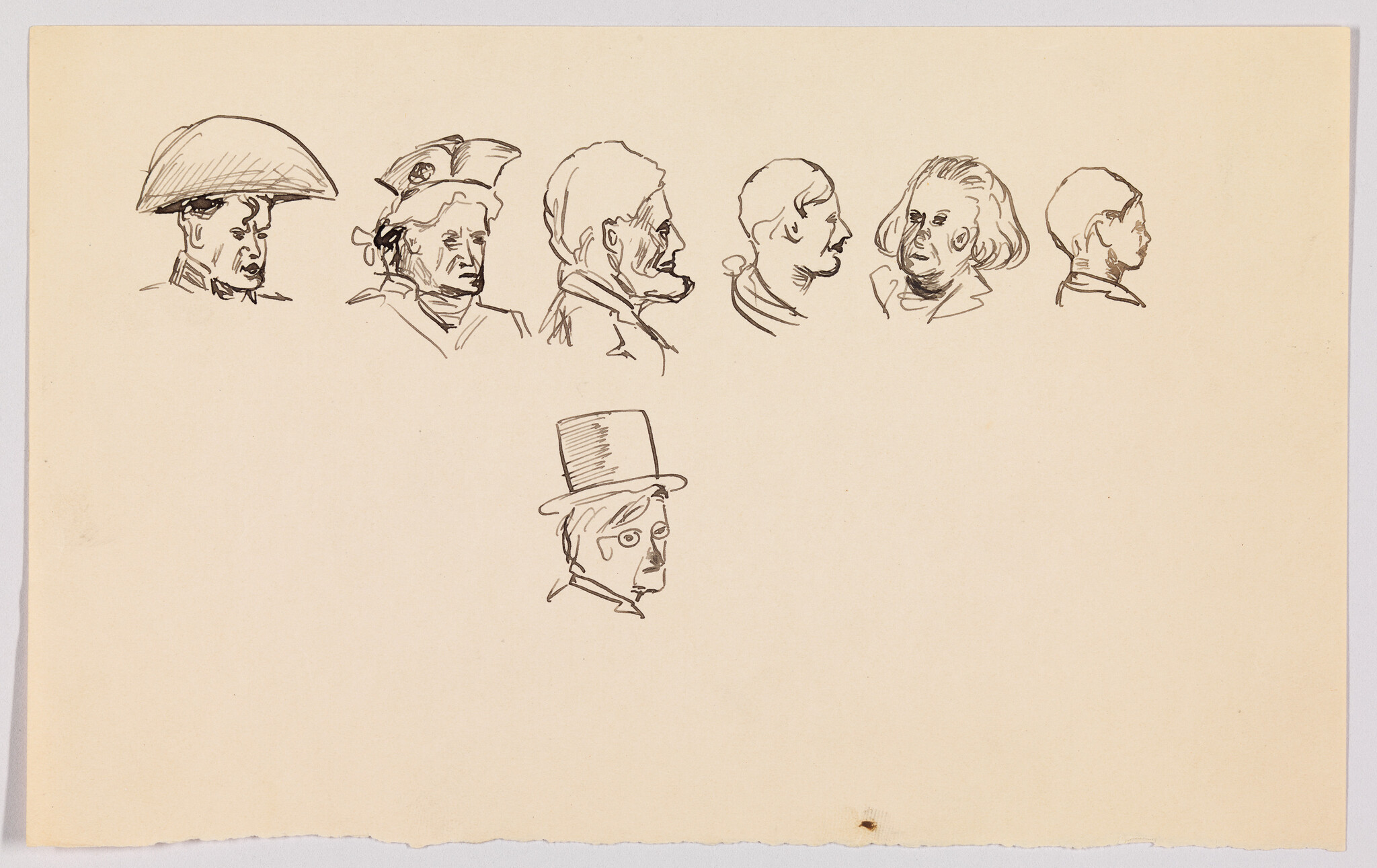 Several quick pen sketches show nine men's heads in profile, including hats and varied expressions.