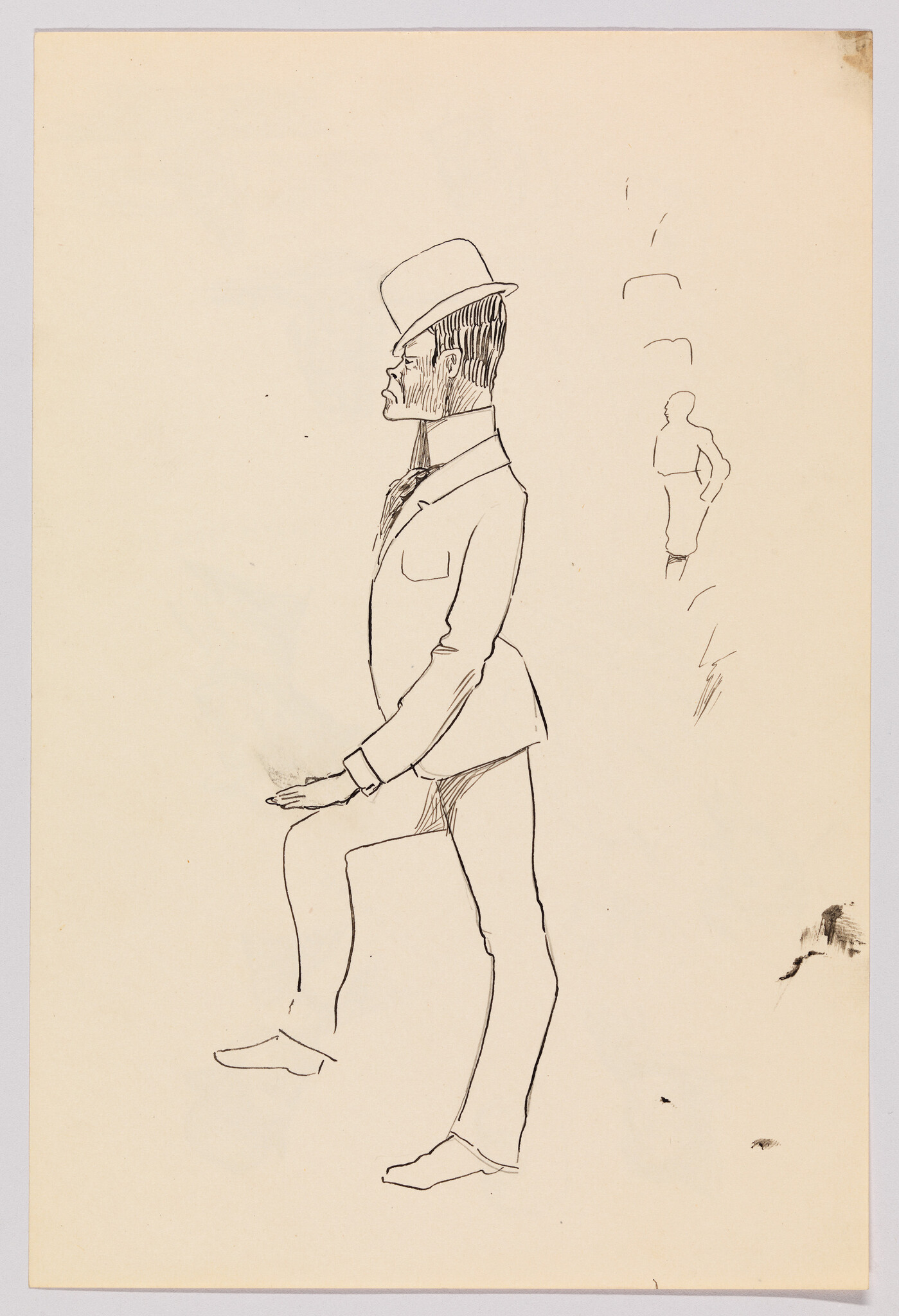 A sketch of a man in profile wearing a top hat and suit, with a pronounced beard and mustache, standing with one leg slightly raised as if mid-step. The drawing is done in a simple line style on a beige paper, with a smaller, fainter sketch of a figure in the background to the right.