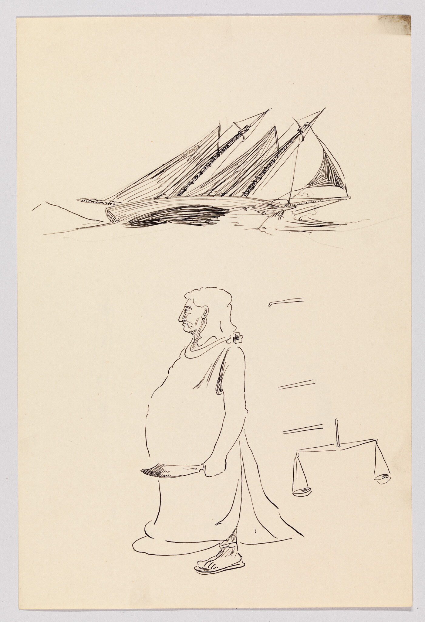 A sketch shows a robed, barefoot man holding a knife beside hanging balance scales, with a sailboat above.