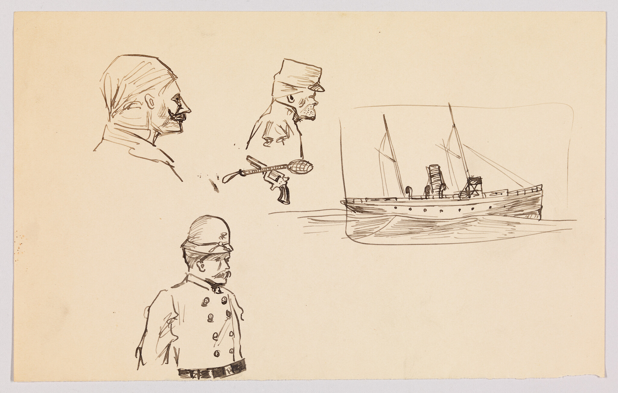 Several ink sketches show sailors and officers alongside a steamship and a small handheld weapon.