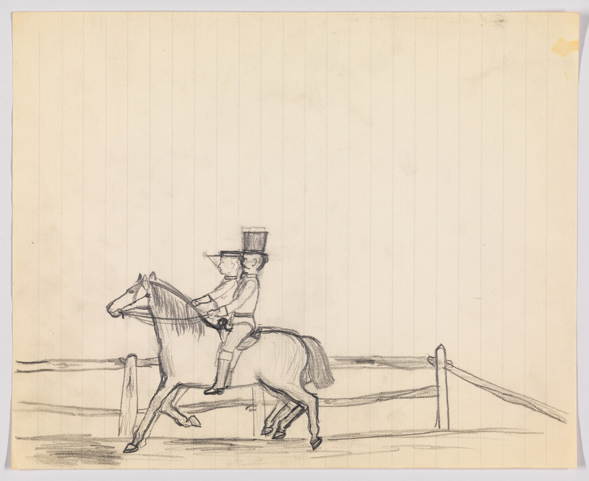 Two men wearing top hats ride a trotting horse along a fenced paddock.