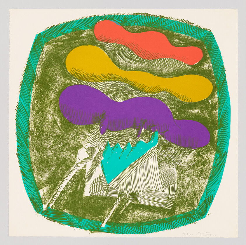 Abstract artwork with colorful organic blobs above sketchy mountain shapes inside a turquoise-bordered frame.