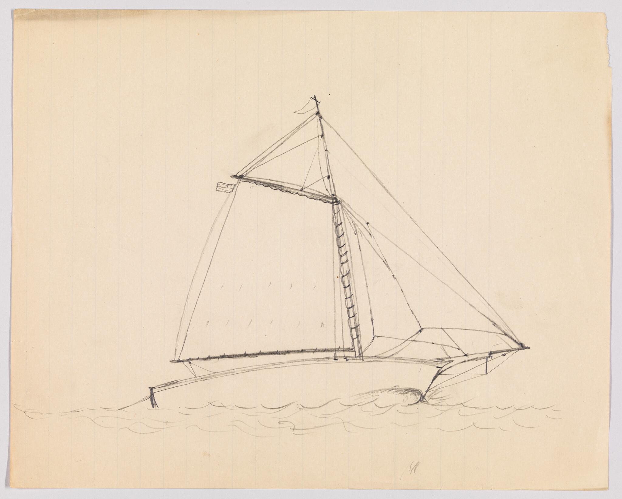 A pencil sketch of a single-masted sailboat with furled jib and main sail on calm water.
