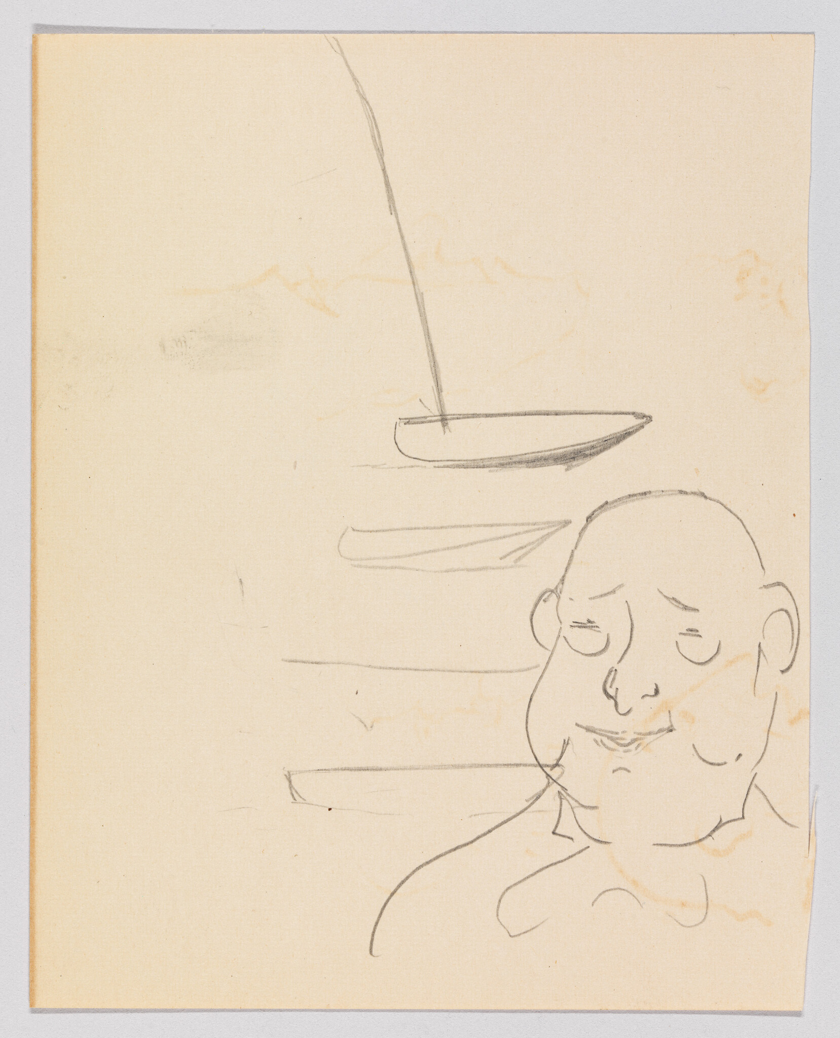 A pencil sketch of a content, bald man with closed eyes and boats floating above him.