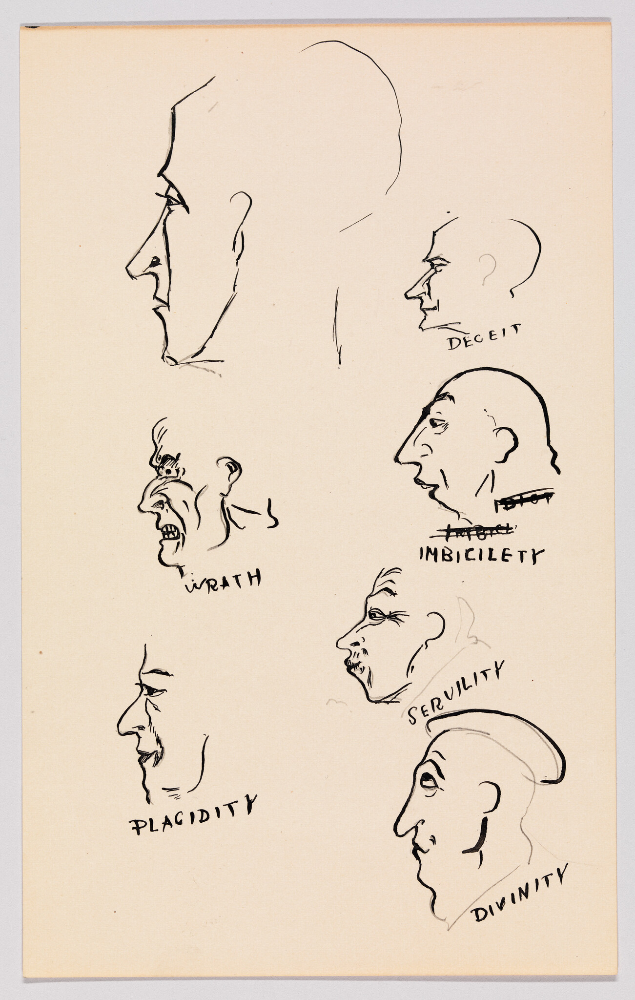 Sheet showing ink profile sketches of different facial types labeled deceit, wrath, imbecility, placidity, servility, and divinity.