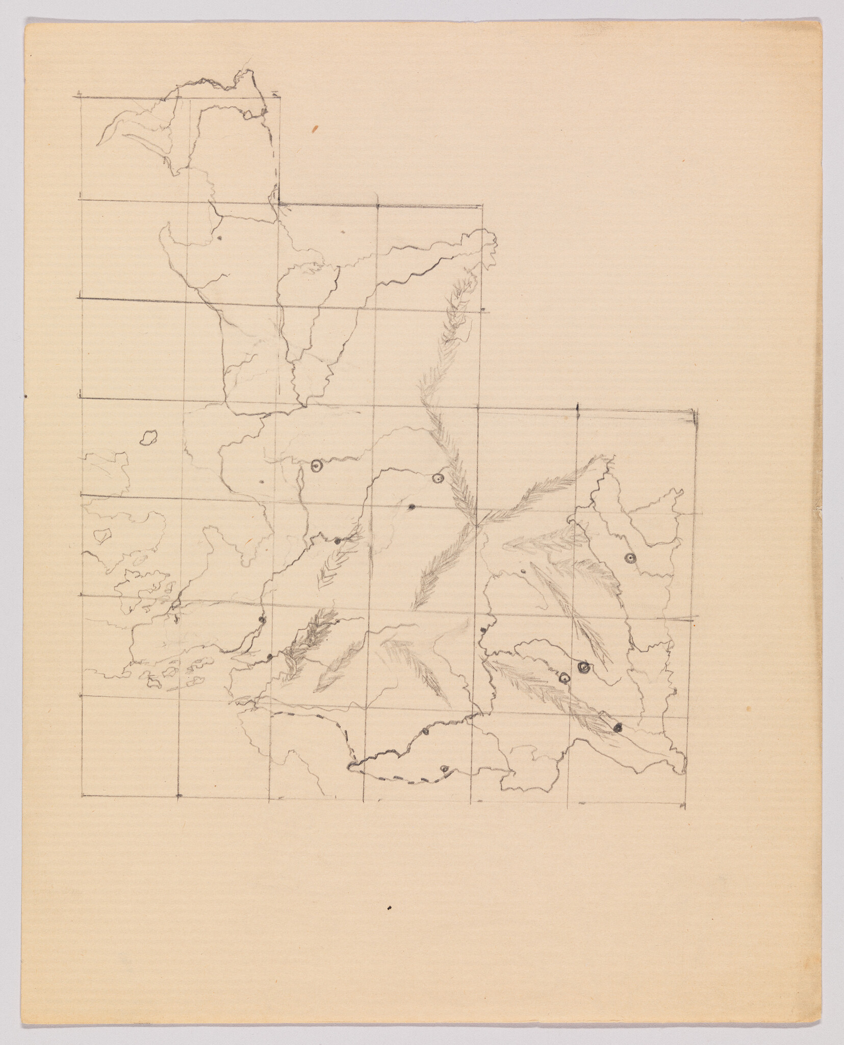 Hand-drawn pencil grid map showing coastlines, rivers, and feathered mountain shading across a blank page.