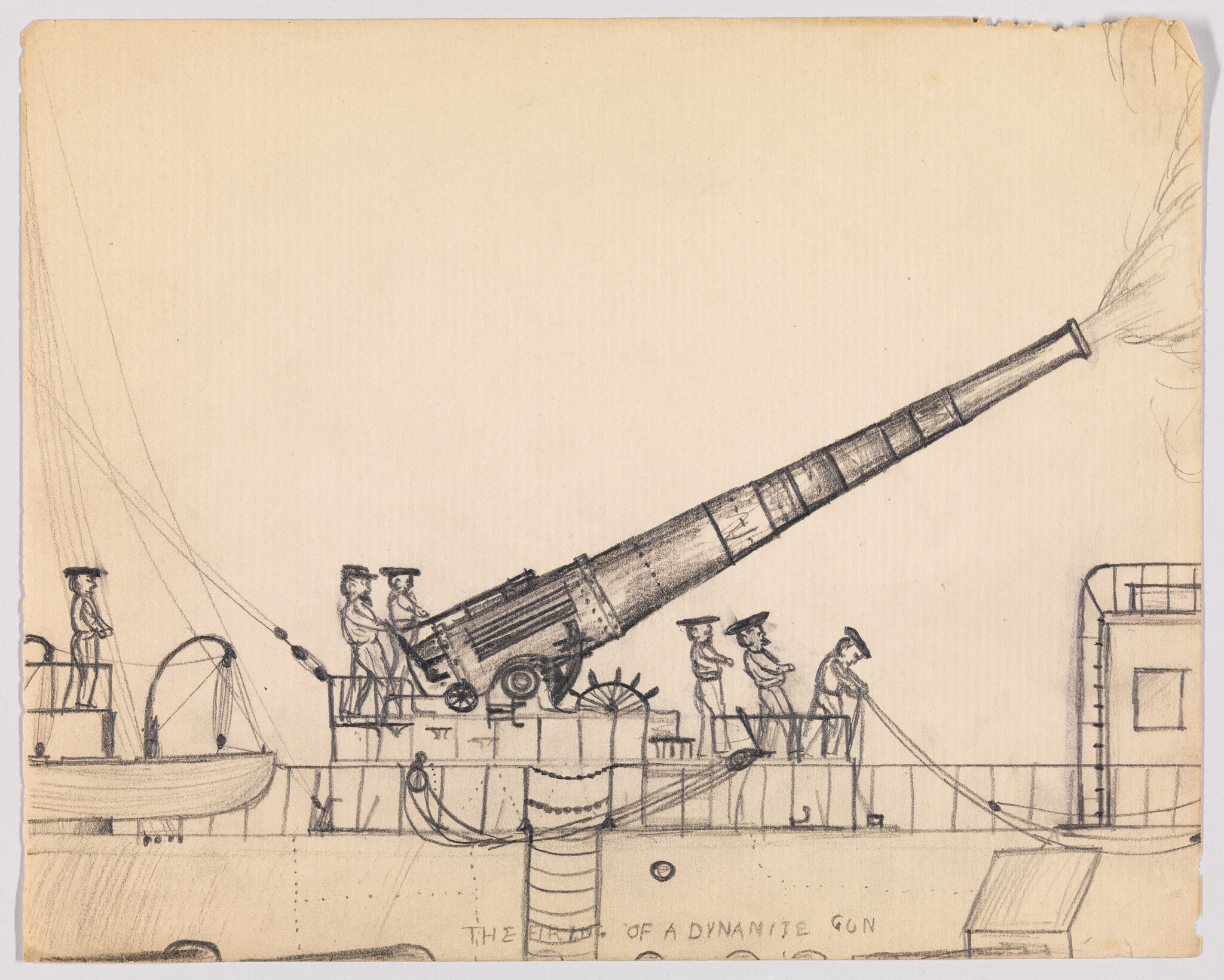 Sailors on a ship operate and fire a large dynamite gun mounted on the deck.