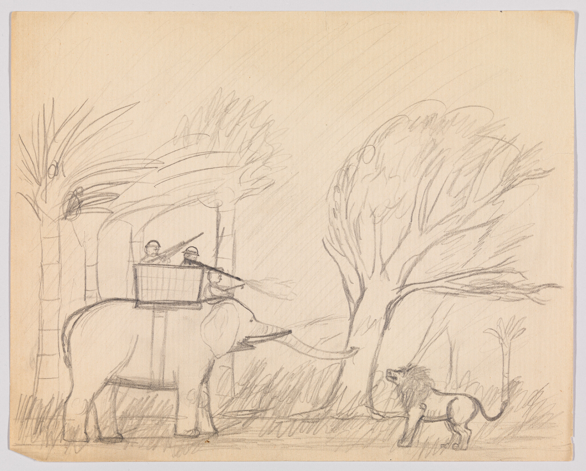 An elephant with a mounted platform carrying two hunters aims rifles at a lion in the jungle.