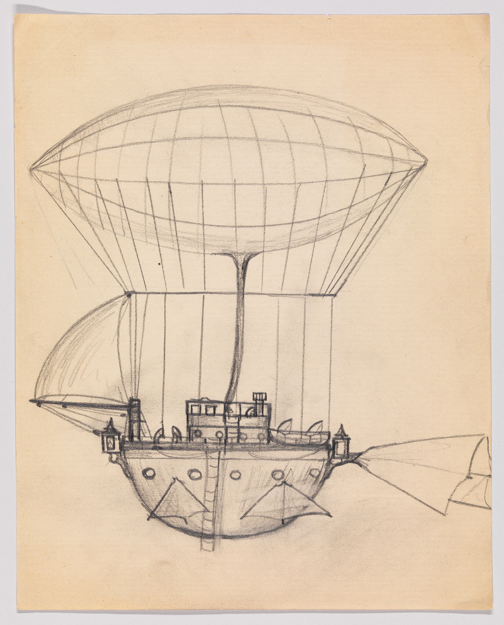 A pencil sketch shows a large gas balloon lifting a boat-like airship gondola with ropes.
