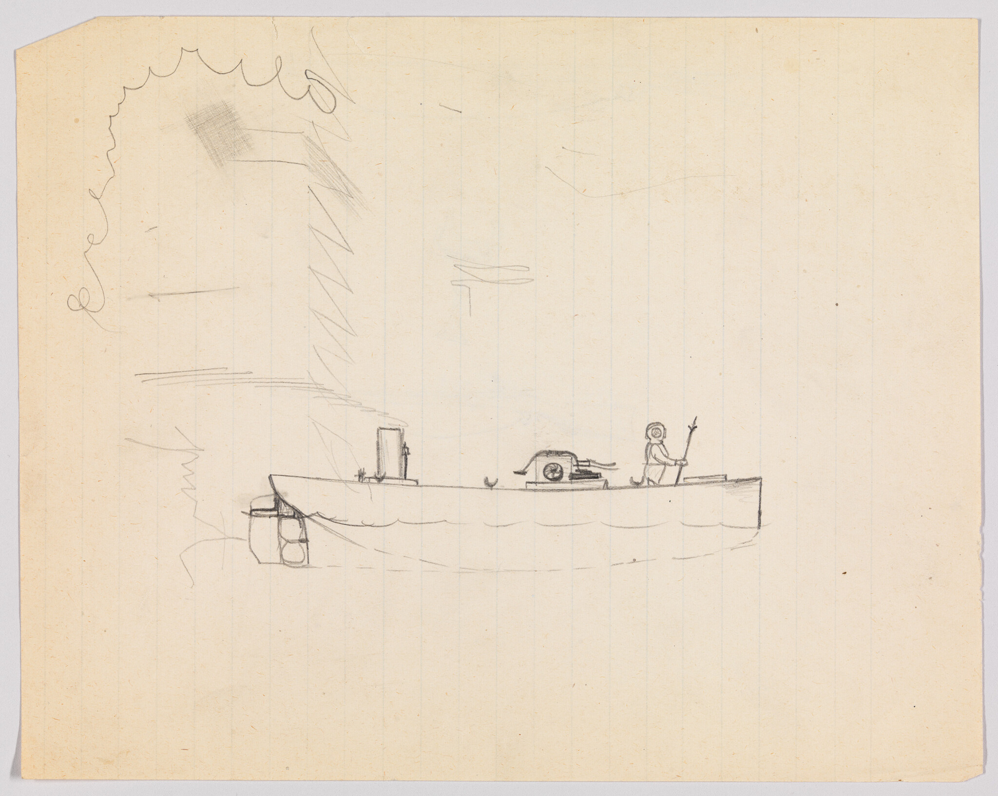 A pencil sketch shows a person rowing a small boat with an engine on lined paper.