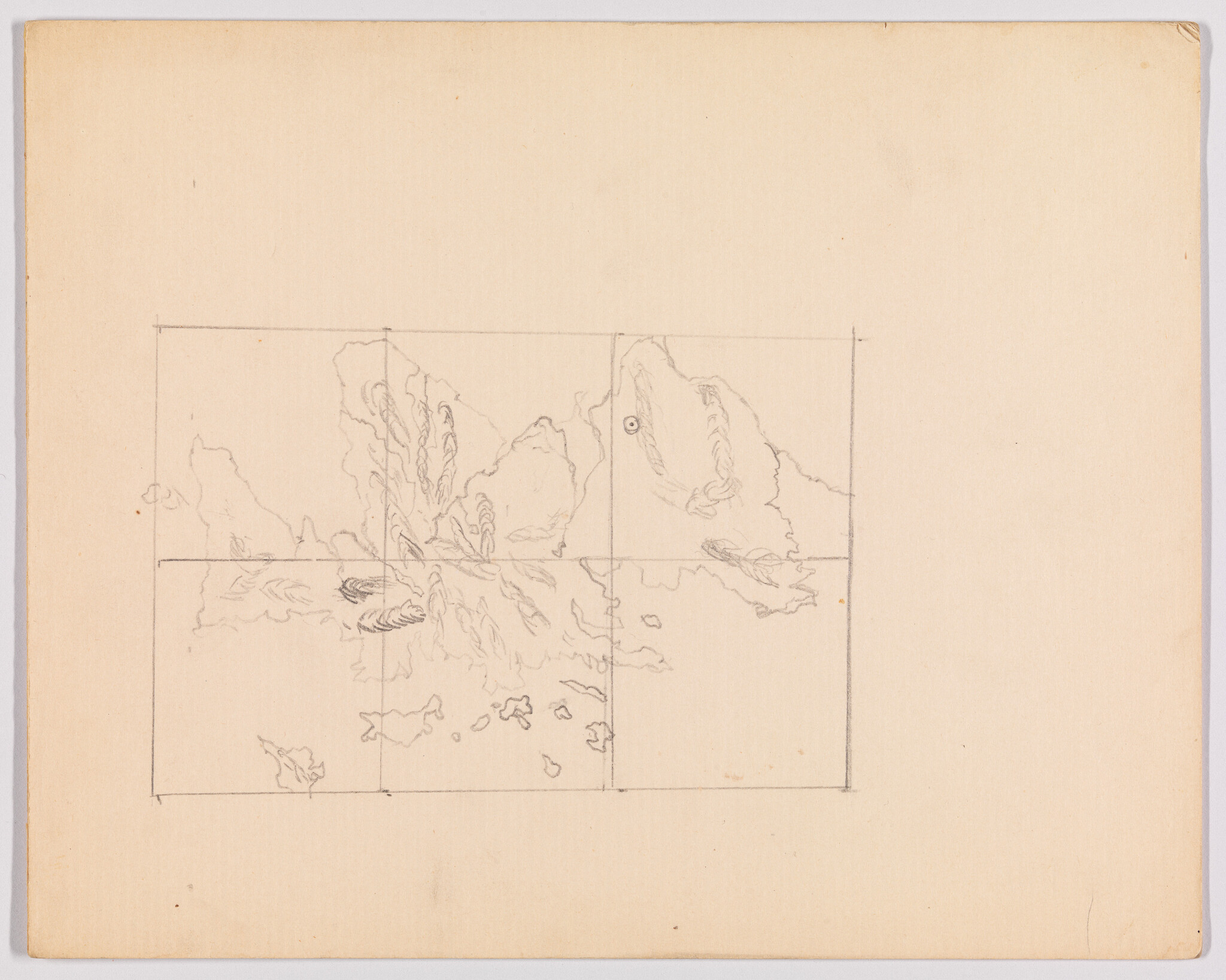 A pencil sketch of an island map with grid lines drawn on blank paper.