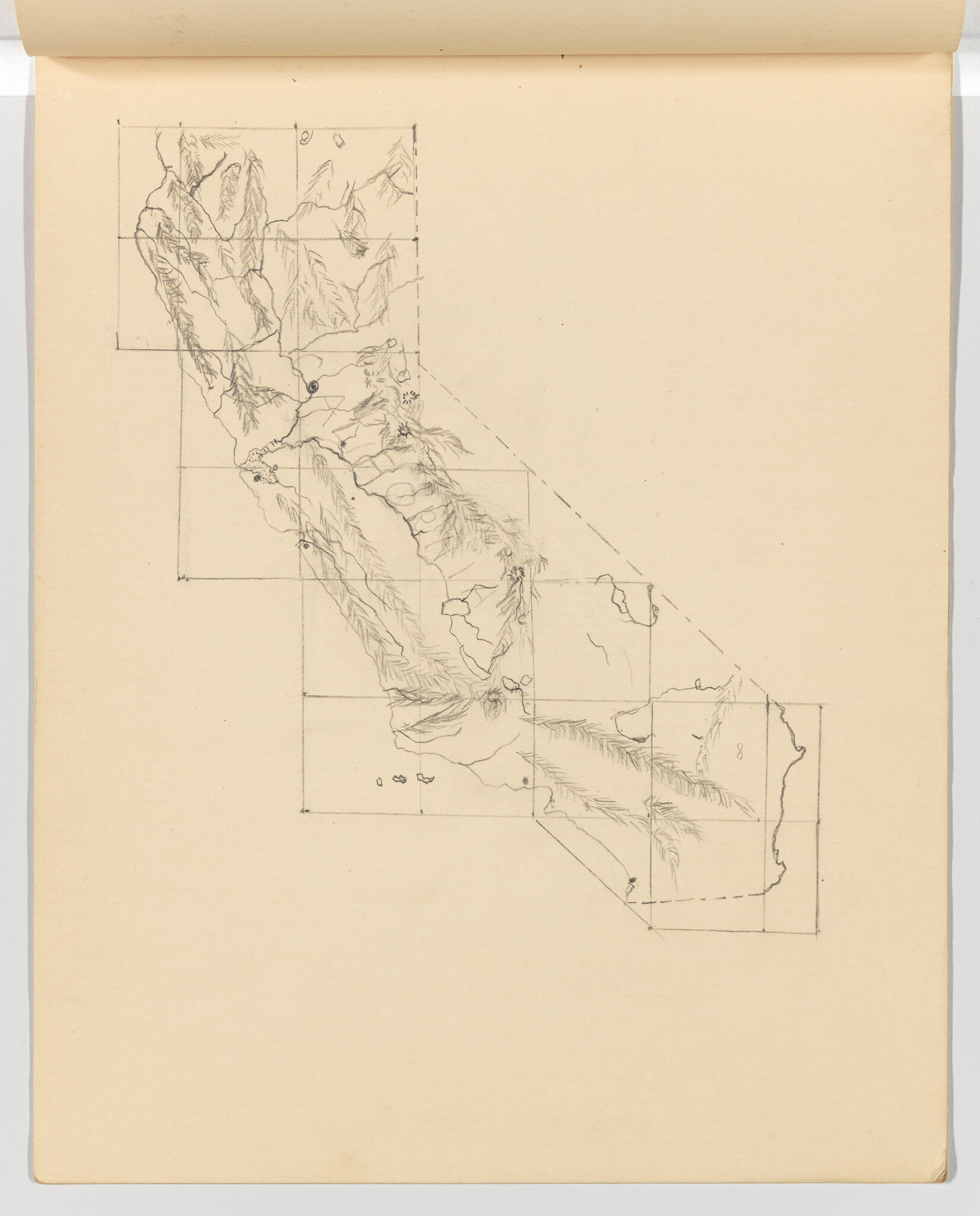 A pencil map sketch of California showing mountain ranges and rectangular grid lines across the state.