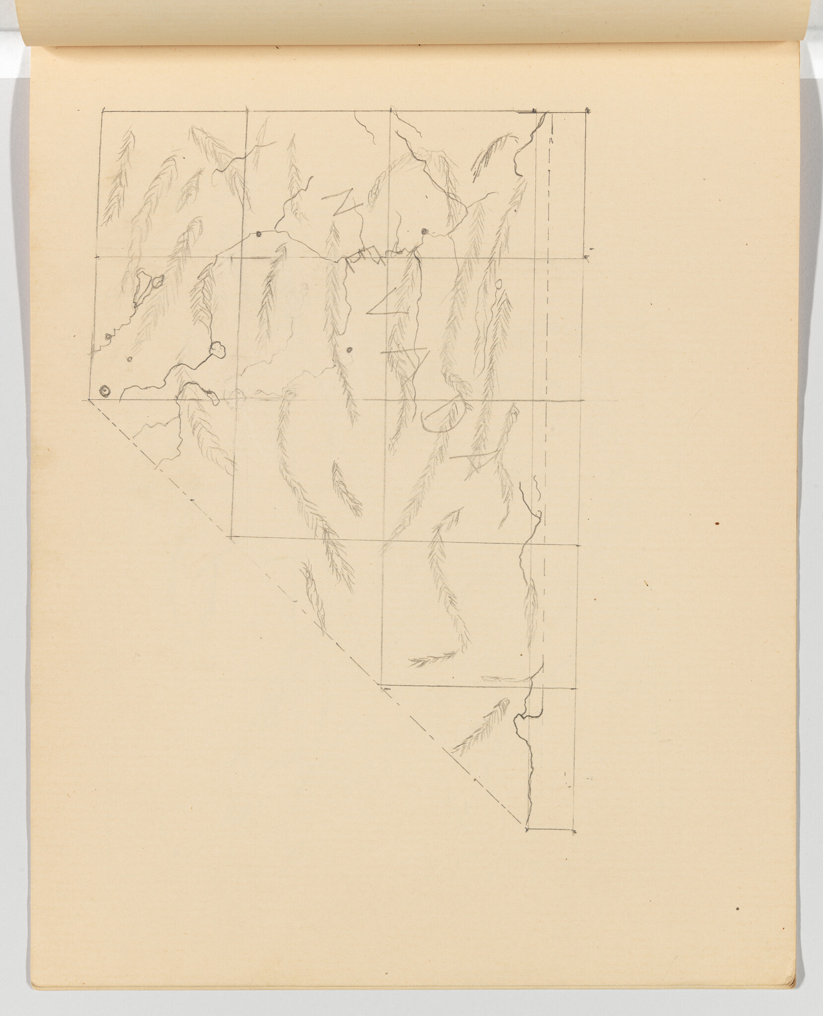 A pencil map sketch with gridlines showing mountain ridges and coastal outlines on paper.
