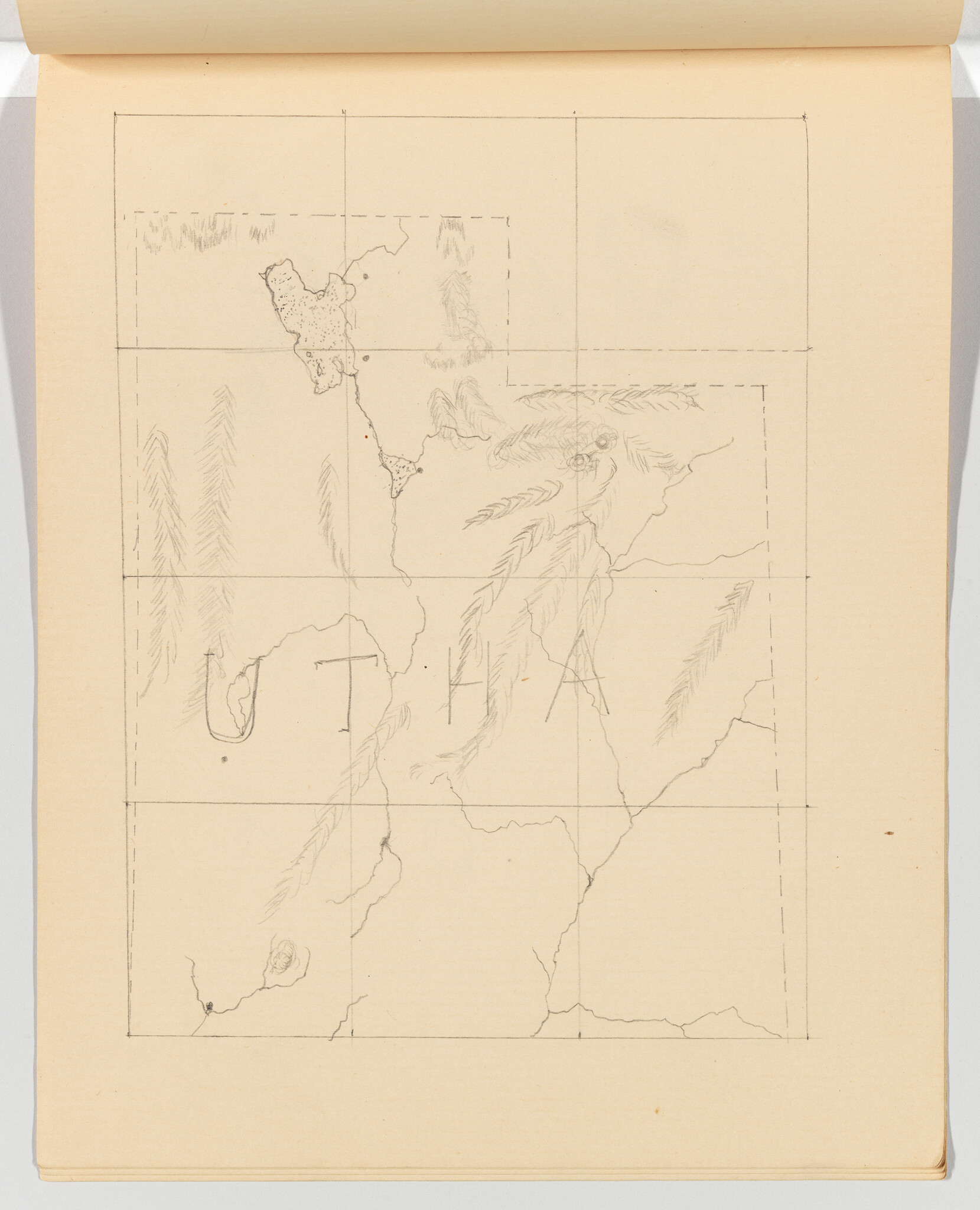 Pencil sketch map on a notebook page showing coastline, rivers, mountains, and grid lines.