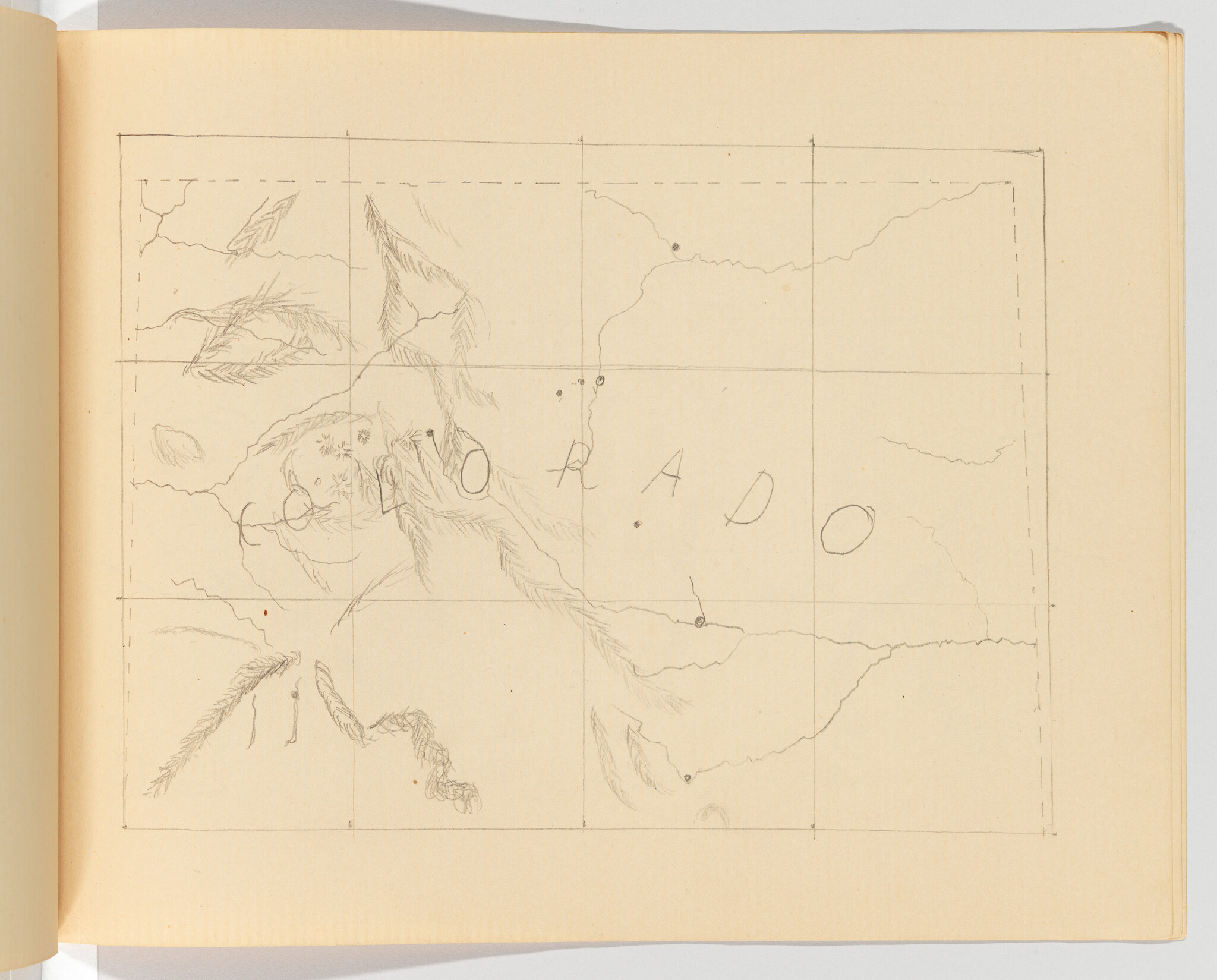 Pencil grid drawing showing faint coastal outlines and small island sketches on cream paper.